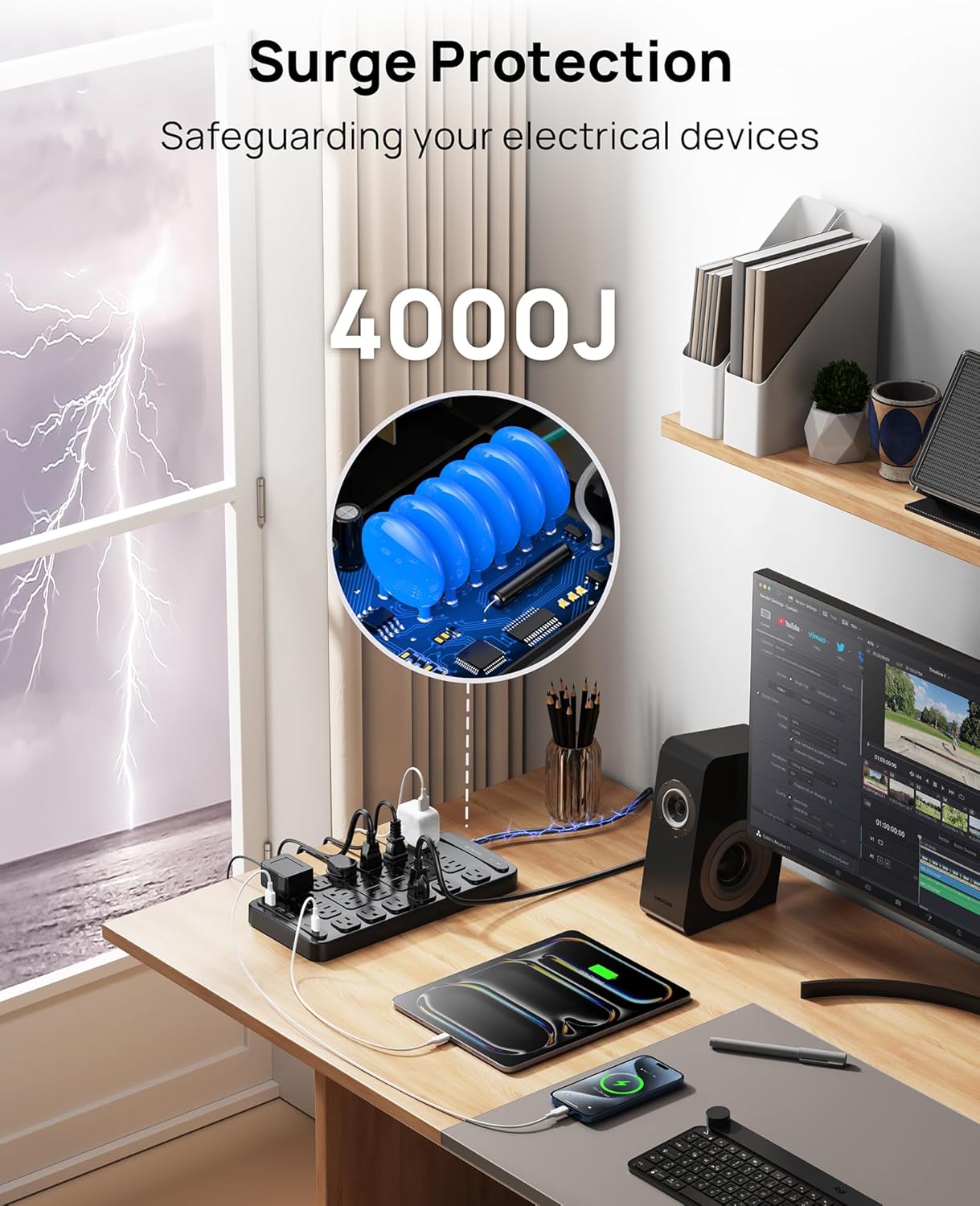 TROND Surge Protector Power Strip, 360° Rotating Flat Plug, 24 AC Outlets, 6 USB Ports Total 37W, 4000 Joules, ETL Listed, 6ft Heavy Duty Extension Cord 1875W for Gaming Dorm Room Essentials Black