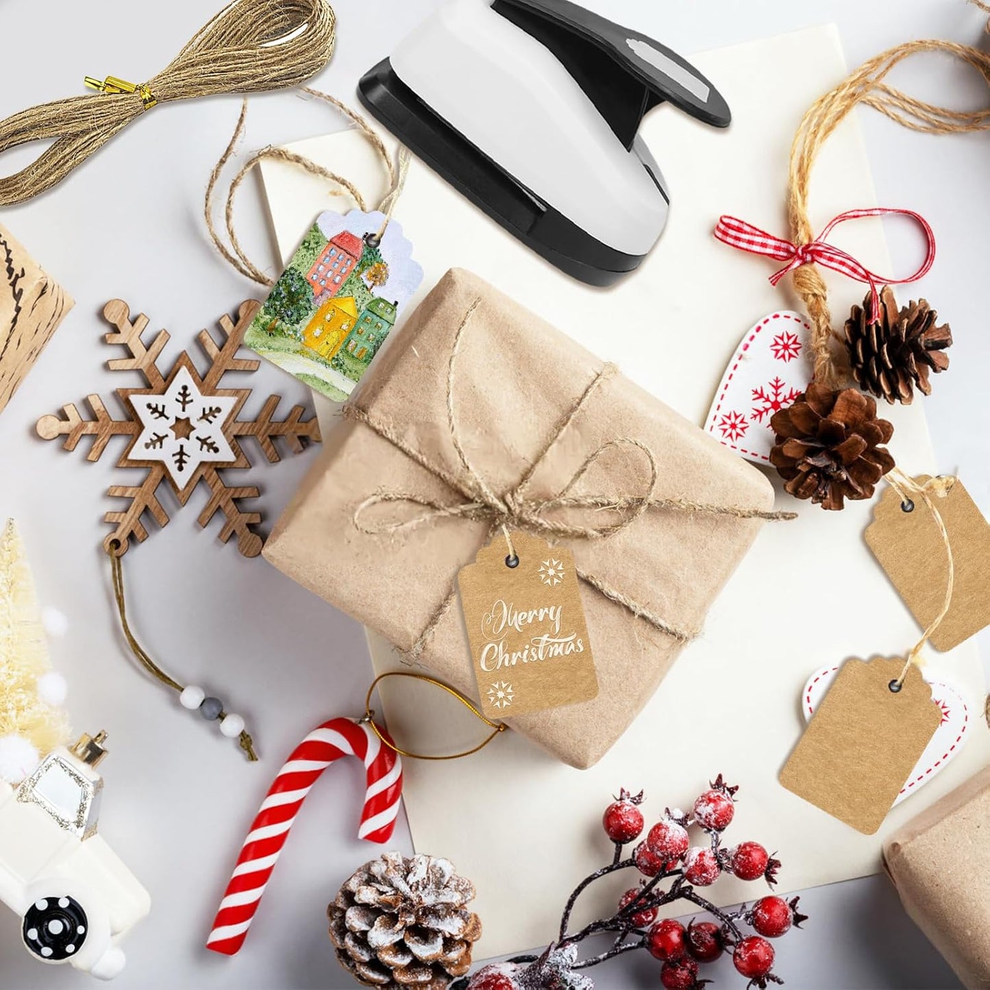 UCEC Paper Craft Tag Punch 2 Inches with 1 Roll Hemp Rope 32ft, Tag Shape Lever Action Craft Puncher for Paper Crafting Scrapbooking Cards Arts for DIY Projects