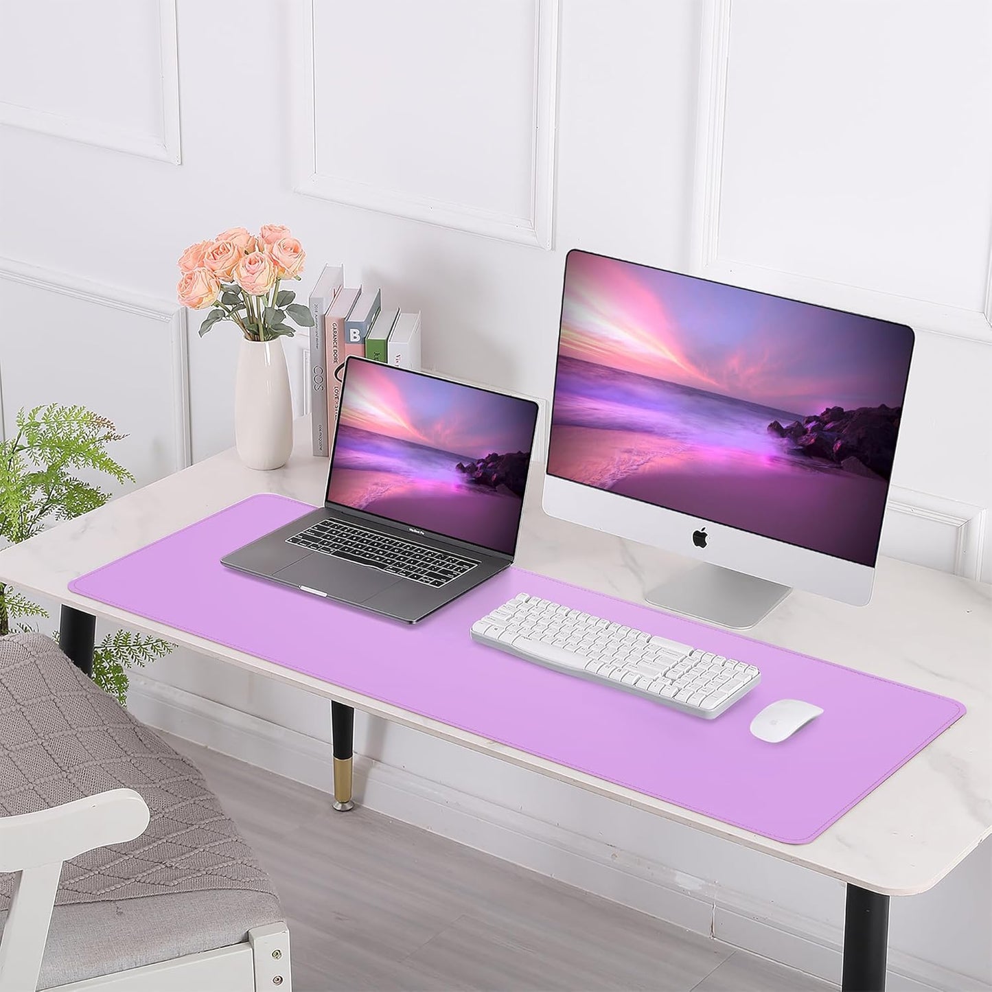Leather Desk pad Protector, Large Desk mat with Natural Cork & PU Leather,Mouse pad,Non-Slip Office Desk Mat,Waterproof Desk Writing Pad for Office and Home (47in*17in, Purple)