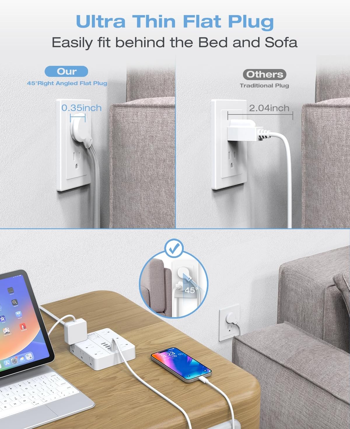 15FT Surge Protector Power Strip,12 AC Outlets with 6 USB Ports (2 USB-C), Flat Plug Extension Cord with Multiple Outlets, Wall Mount for Home Office,Dorm, White