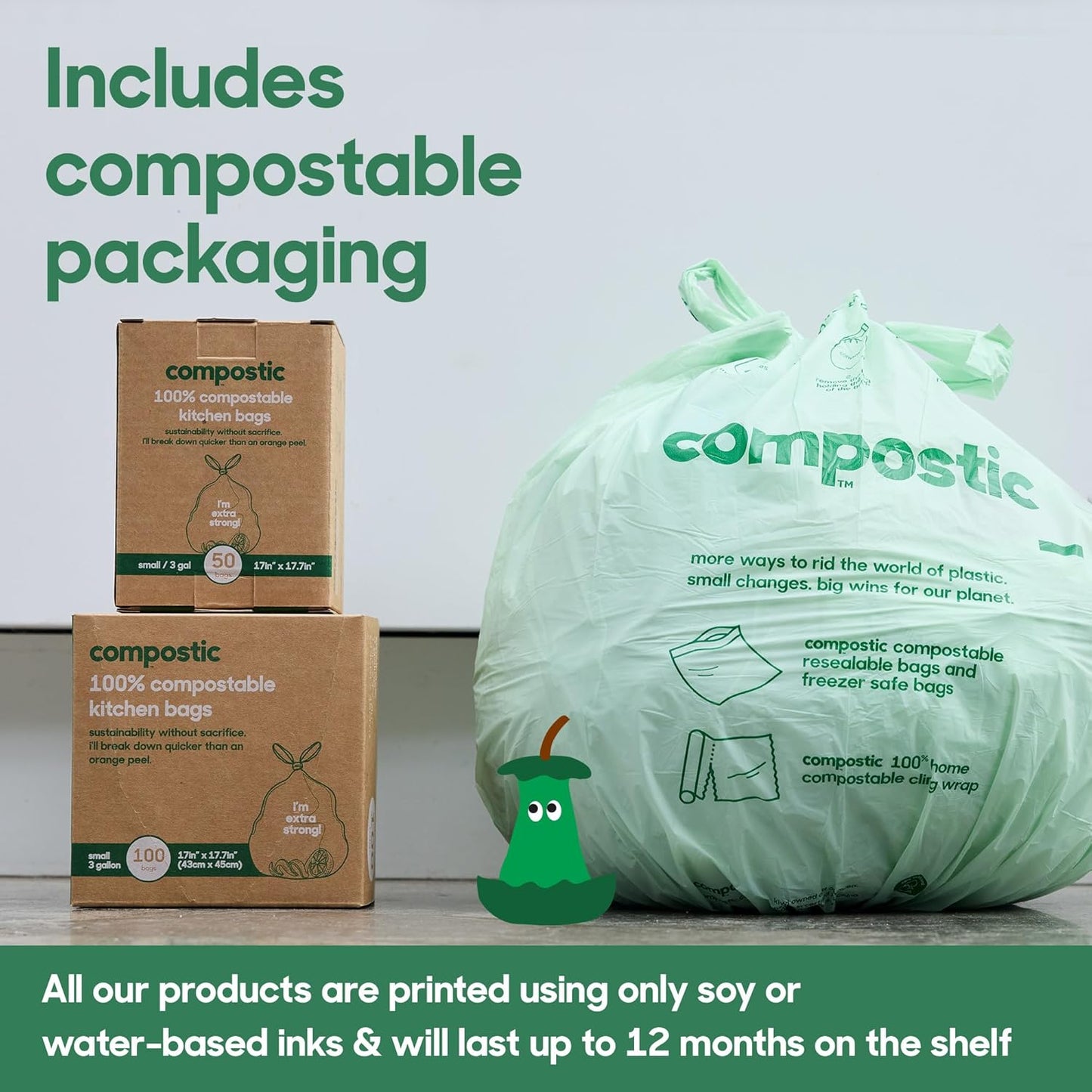 Home Compostable Trash Bags, 3 Gallon Small Kitchen Rubbish Bags (17” x 17.7”), Extra Strong & Quickly Breaks Down, 50 Count