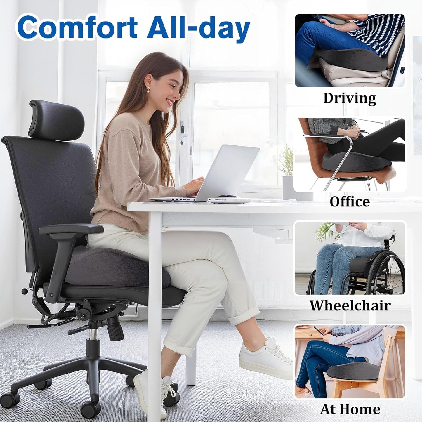 Seat Cushion, Gel Chair Cushions, Office Chair Cushions, Anti-Slip Bottom & Removable Cover Tailbone Pain Relief Cushion, Memory Foam Seat Cushion, 5.28 in Thick (Grey)