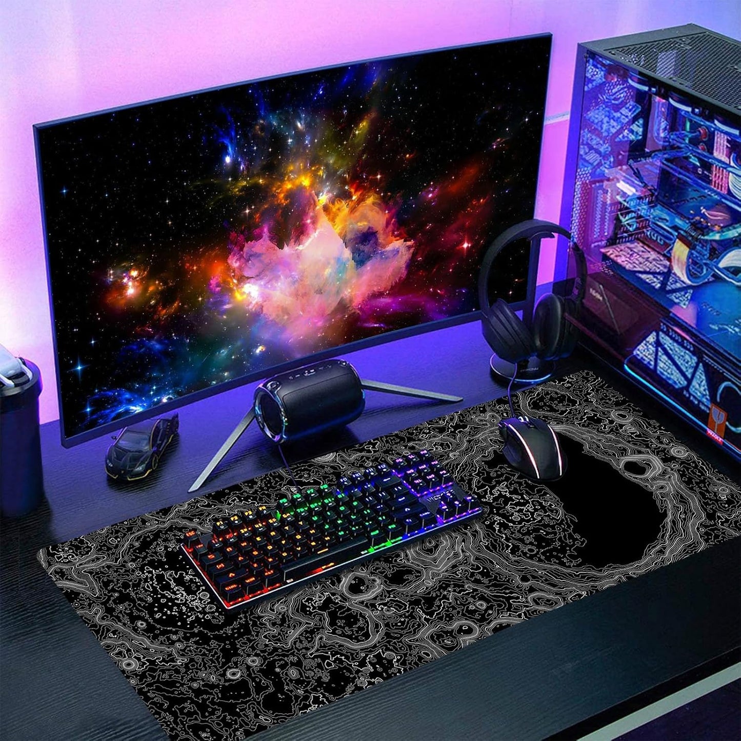 Black Whtie Topographic Gaming Mouse Pad XXL Topo Moon Relief Map Extended Large Mat Mousepad Desk Pad Non-Slip Rubber Base Stitched Edge Long Mousepad for Desktop Office Desk, 35.4 x 15.7 in