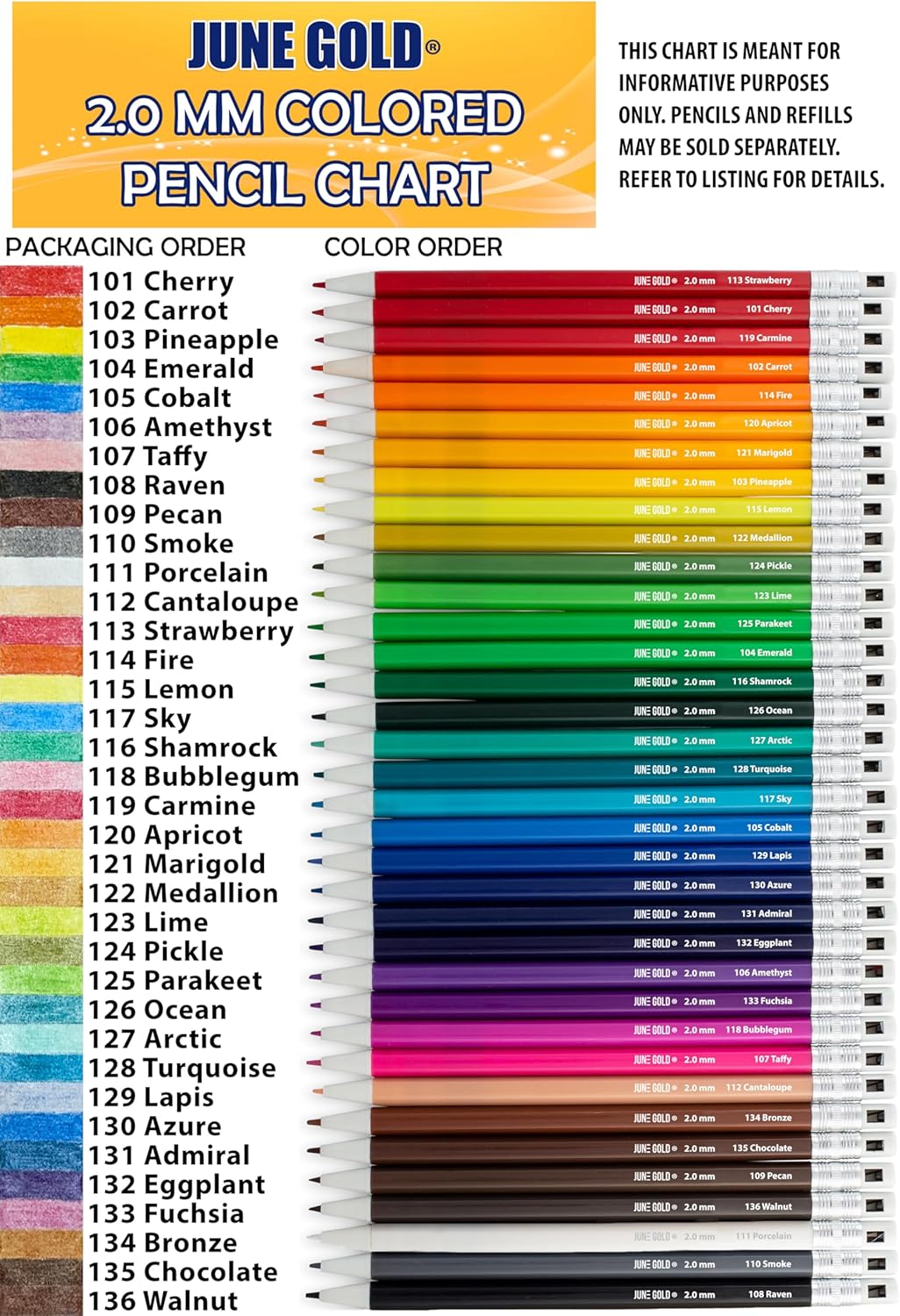 June Gold 36 Assorted Colored 2.0 mm Lead Refills, Bold & 90 mm Length, 36 Unique Colors, Pre-Sharpened, Break & Smudge Resistant