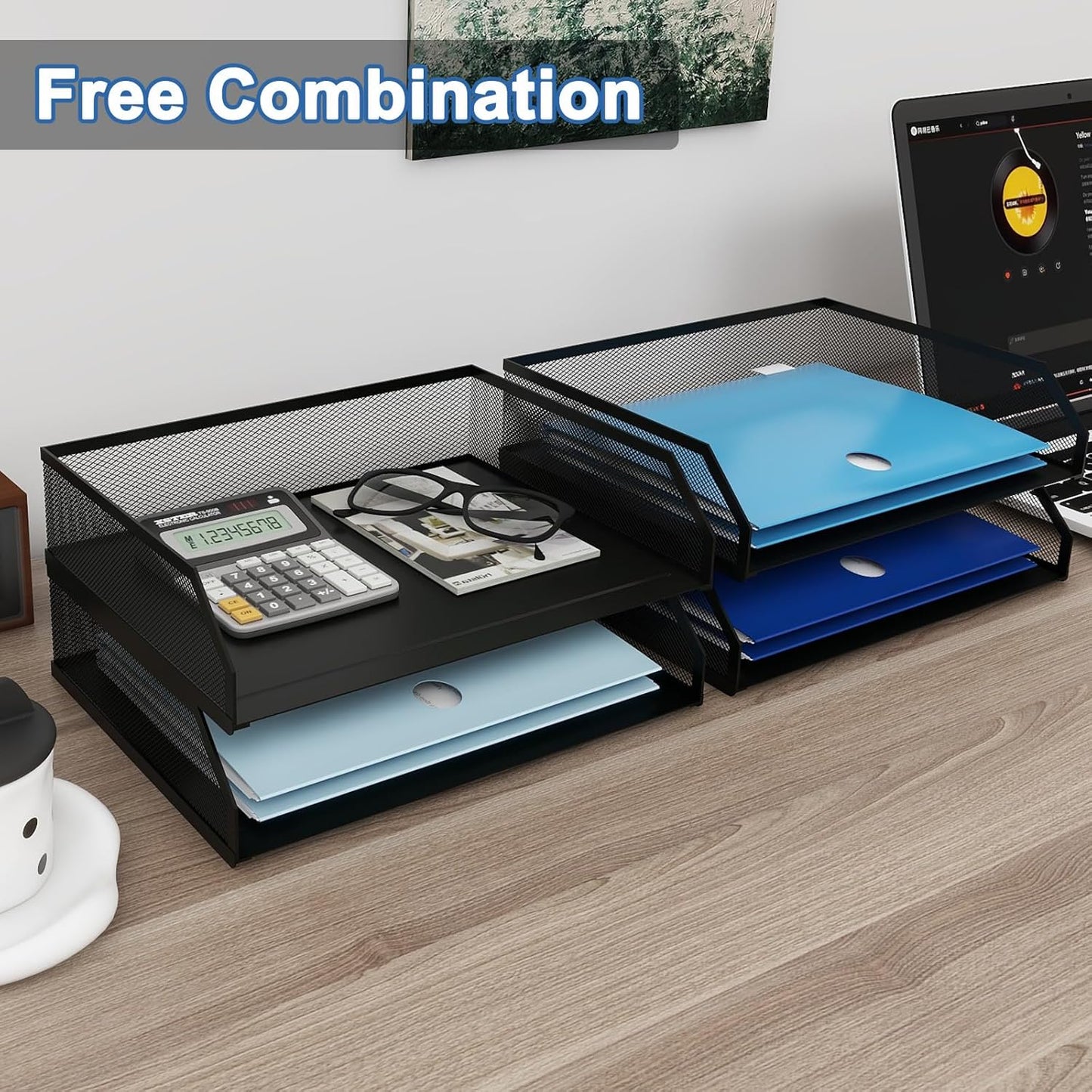 Natwind 4-Tier Stackable Paper Tray, Metal Mesh Desktop Organizer, A4 Desk Organizer, Stackable Letter Trays,File Folder Sorter Organizer with Sliding Tray for Home, Office, School (Black)