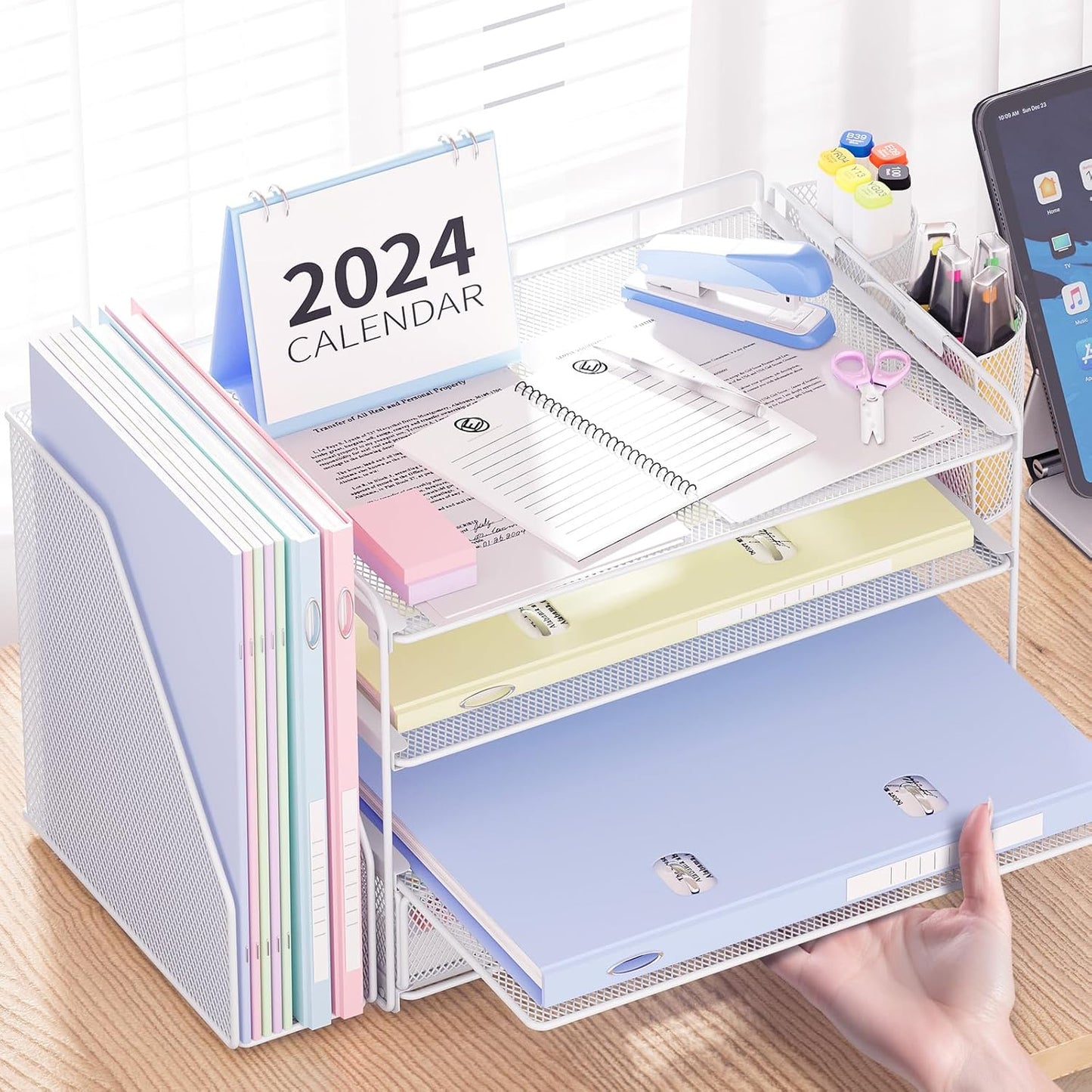 Desk Organizer and Accessories, 4-Tier Desktop File Organizer with Drawer and 2 Pen Holders, Office Desk Accessories for Office Supplies(White)