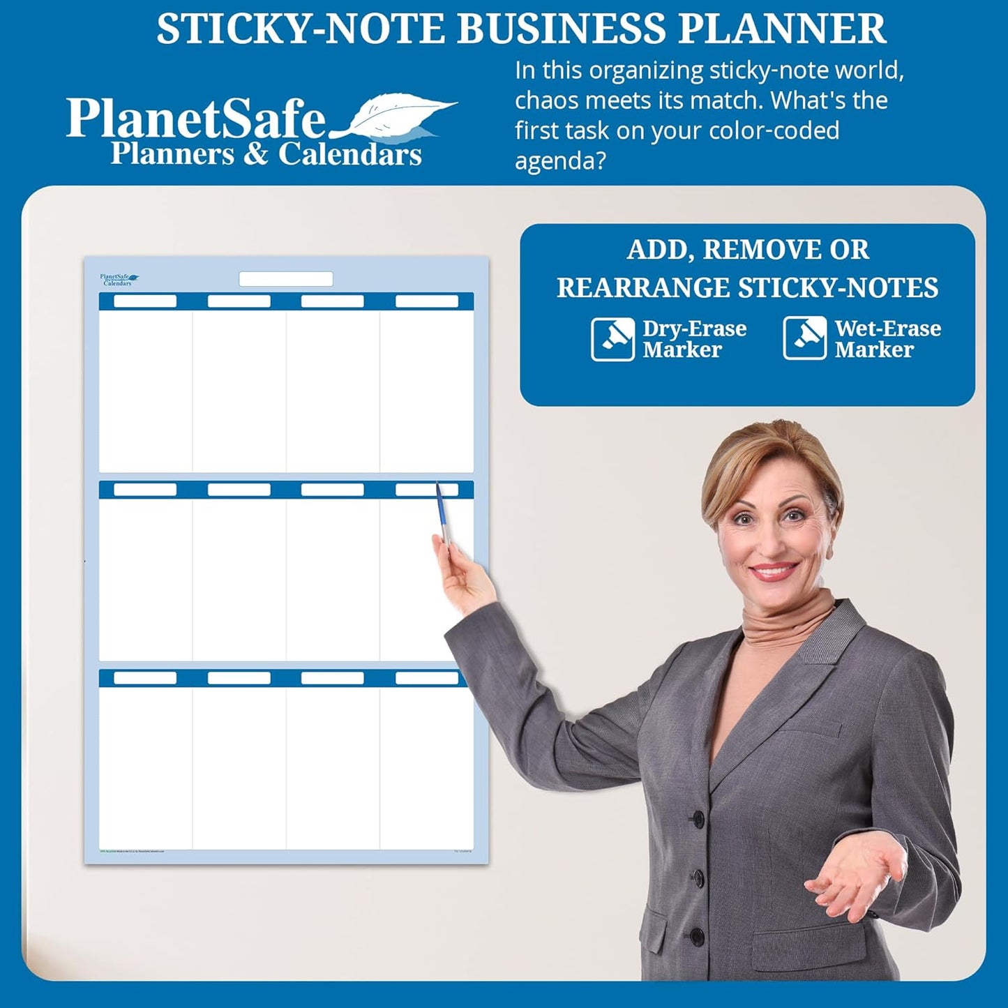 Sky Blue 12 Section Task, Objective and Goals Planning System Vertical 36" Tall 24" Wide. Wall Tray, Dry-Erase Marker, Eraser and 600 Sticky-Notes