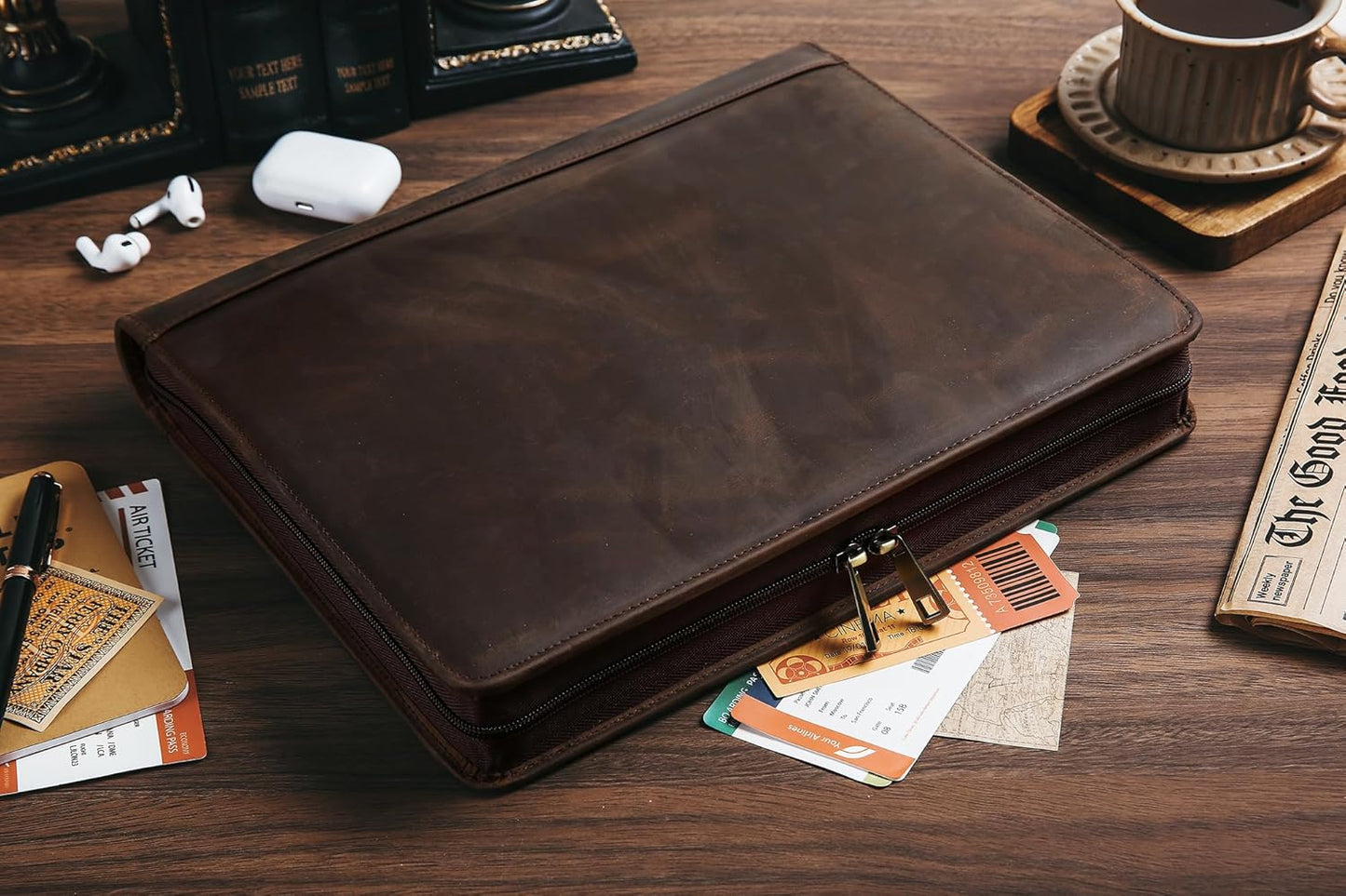 Handmade Genuine Leather Portfolio Organizer for IPad/Document, Business Padfolio with A4 Leather Notepad Holder, Leather Compact Folder Conference Portfolio for Men and Women, Dark Khaki