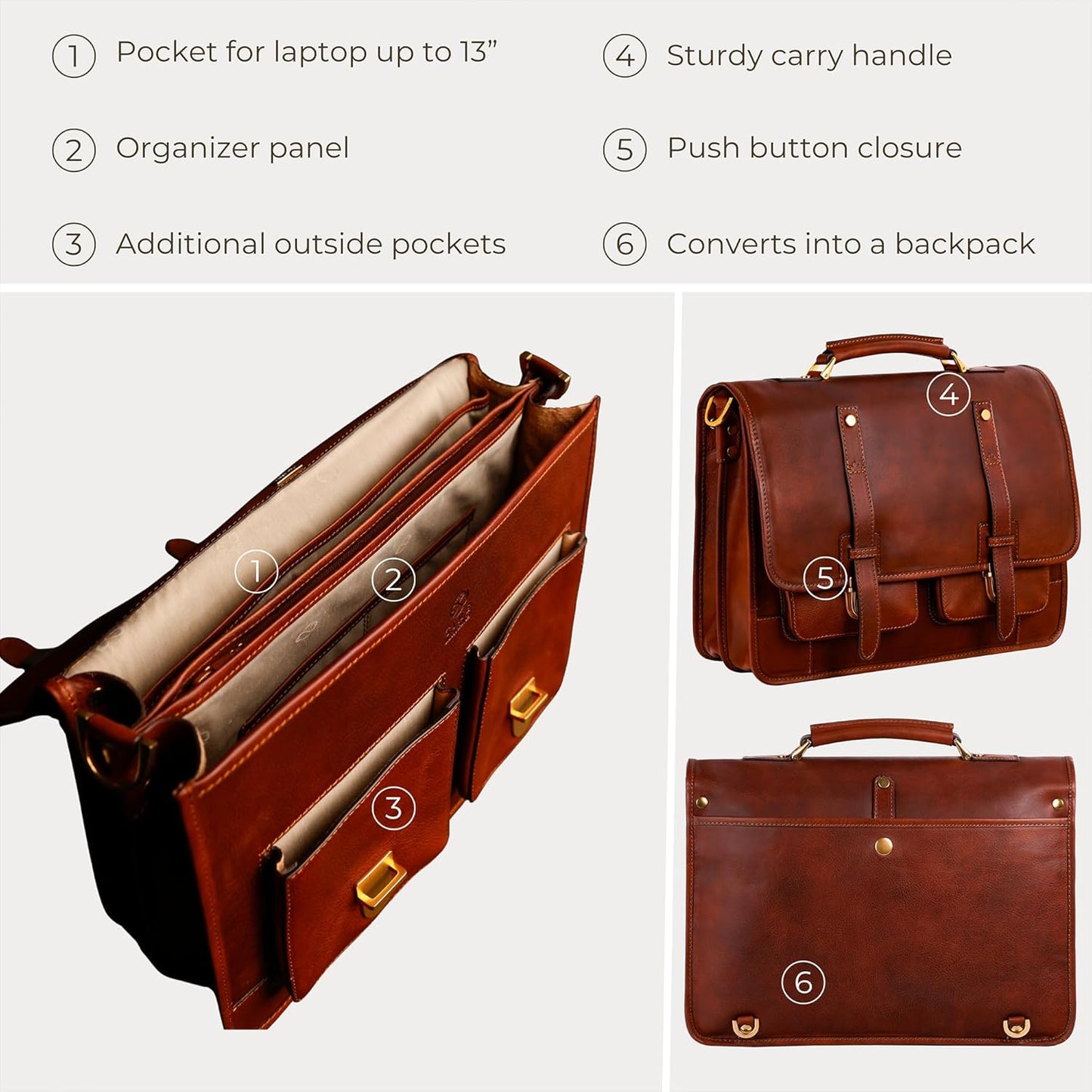Time Resistance Leather Briefcase – Italian Handmade Leather Laptop Bag – Briefcase Convertible into Backpack