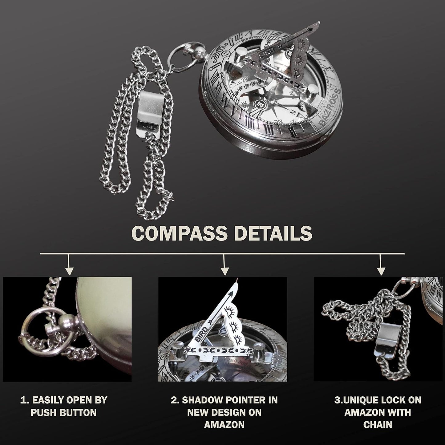 Vintage Brass Sundial Compass with Leather Case - Antique Brass & Copper Sun Clock for Camping, Hiking, Touring - Engraved Gift for Him - Silver Large Compass Viking Pendant Necklace for Men