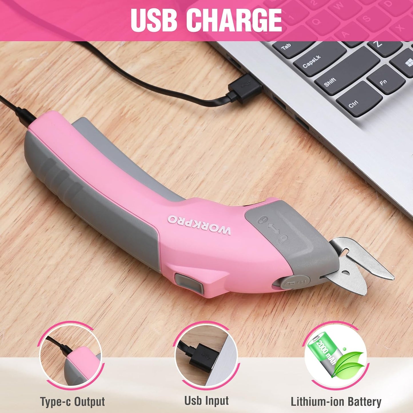 WORKPRO 4V Cordless Electric Scissors With 2 blades, Fabric, Leather, Carpet and Cardboard Cutter, 2000mAh Rechargeable Powerful shears with Storage Case