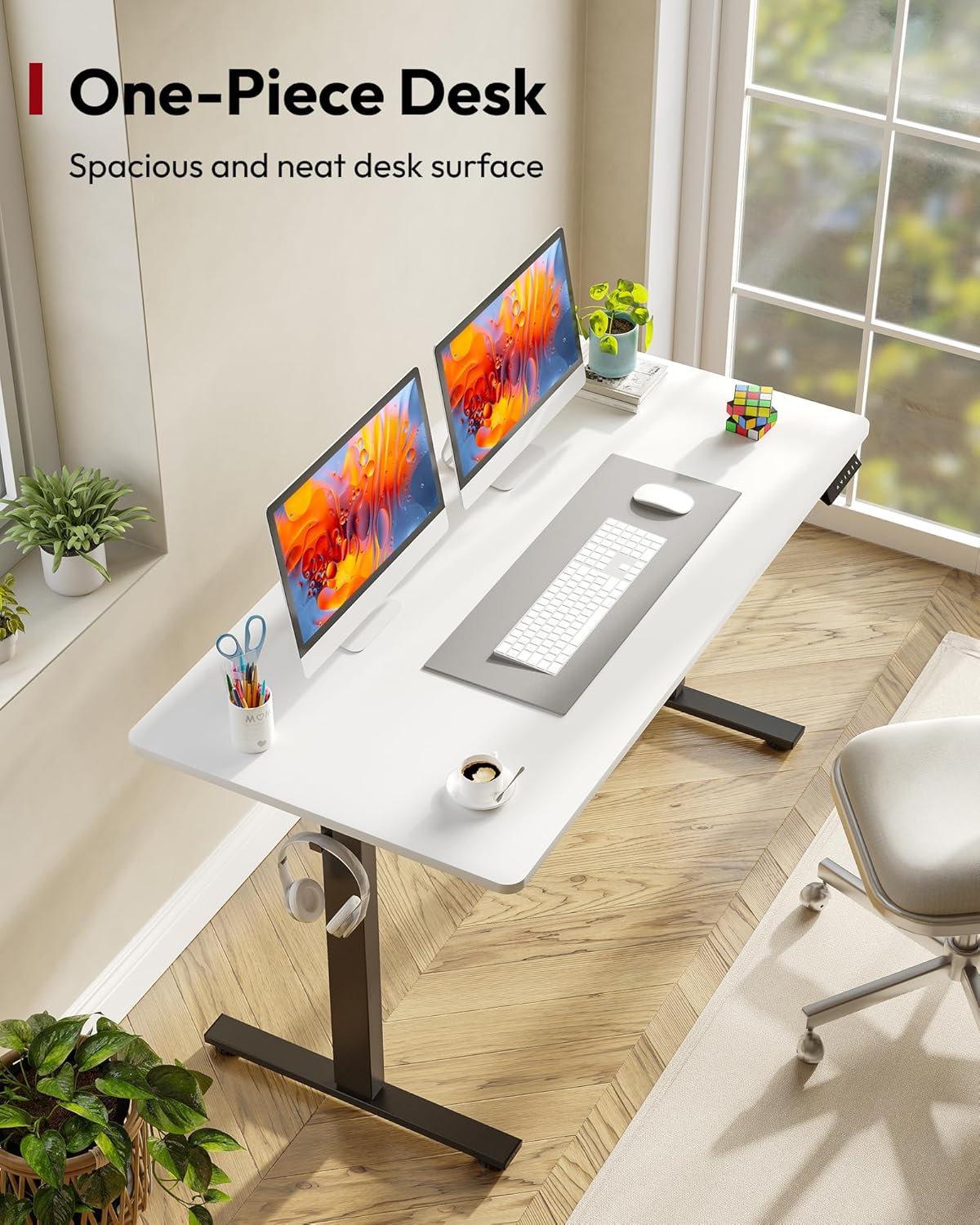 SANODESK Electric Standing Desk 55 x 28 Inches Whole-Piece Desktop Height Adjustable Stand Up Desk w/6-Button Controller Ergonomic Computer Desk for Home Office, Black Frame + White Tabletop