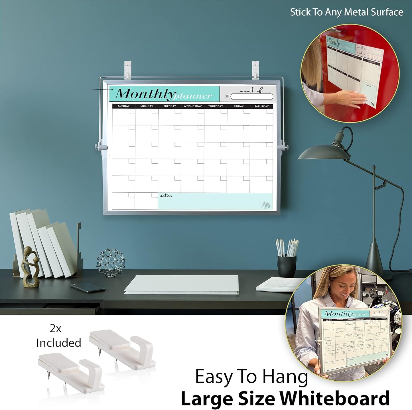 Dry Erase White Board for Desktop & Wall 12"x16" with 2 Magnetic Removable Planners - Weekly & Monthly to Do List Board with Stand, 6 Markers Eraser & Wall Hangers - Portable Double Sided Magnetic