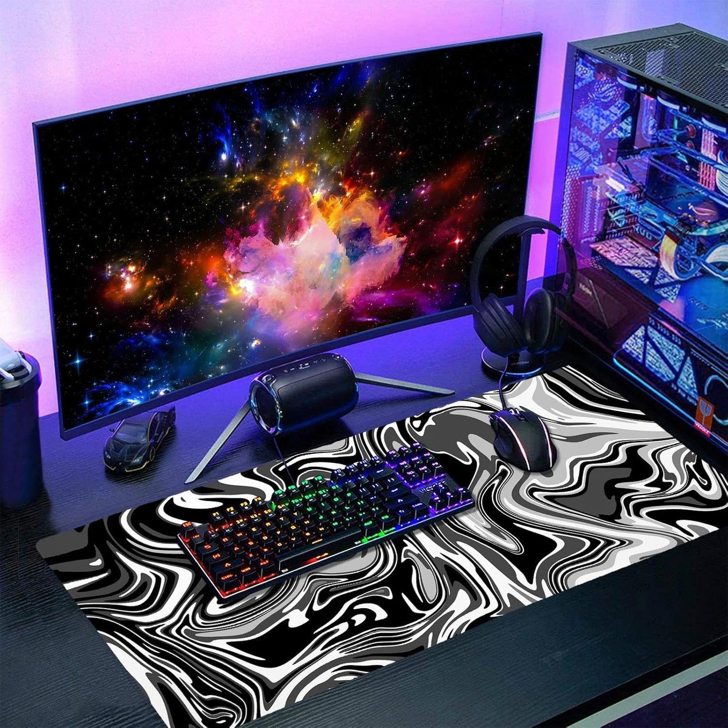 Black White Swirl Gaming Mouse Pad XXL Gray Marble Grey Fluid Design Extended Large Mouse Pad Big Desk Mat Non-Slip Rubber Base Stitched Edge Long Mousepad for Desktop Office Desk, 35.4 x 15.7 in