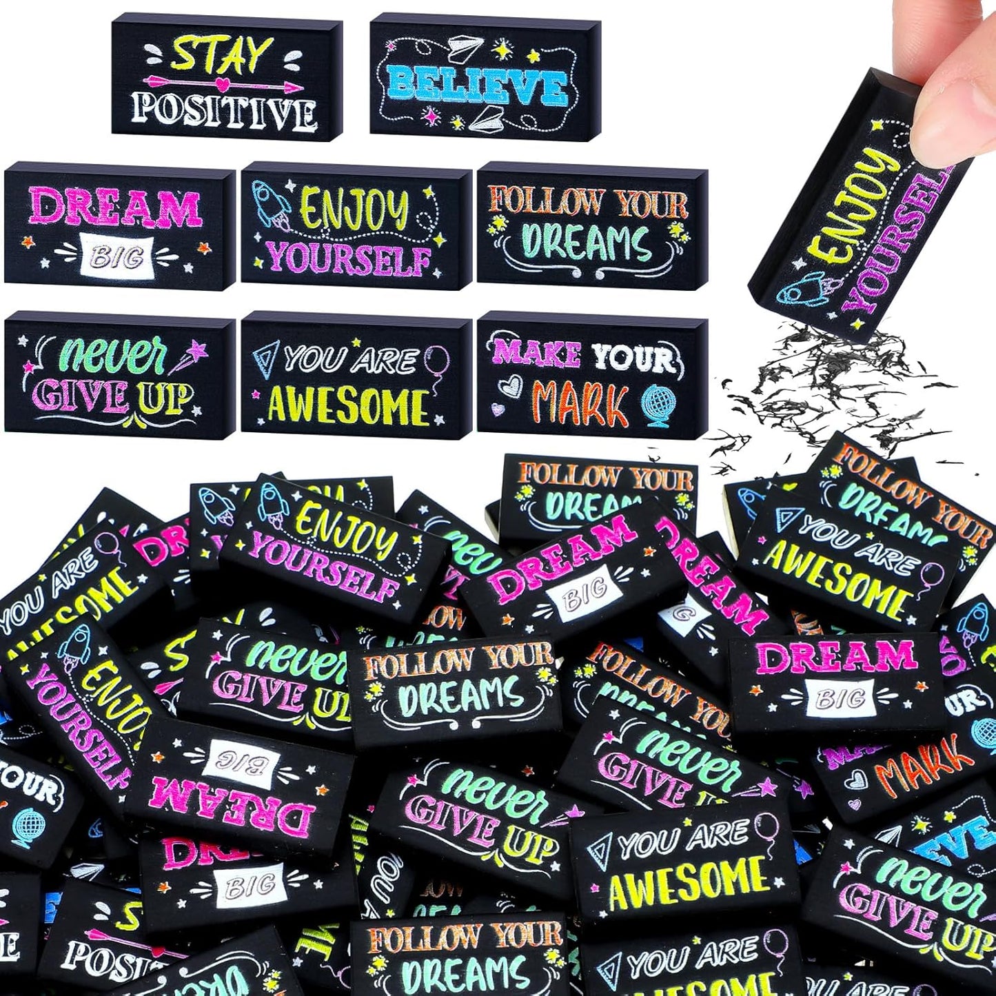 100 Pcs Inspirational Pencil Erasers Bulk for Kids Fun Motivational Eraser School Supplies Back to School Office Supplies for Classroom Office Teacher Artists (Colorful Chalkboard)