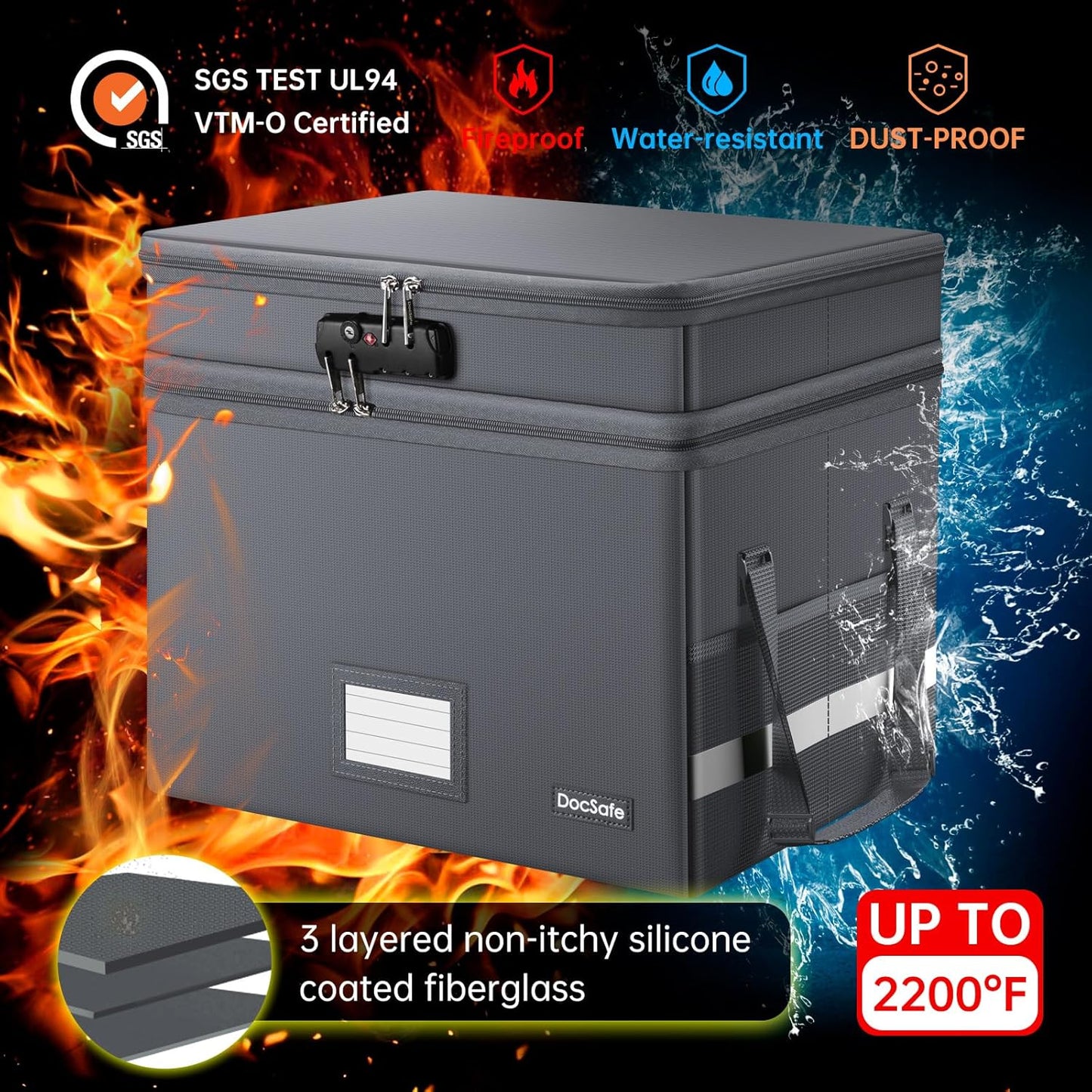 DocSafe File Box with Lock,Multi-Layer Fireproof Document Box Collapsible File Storage Organizer with Pockets/Handle,Large Portable Home Office Filing Box for Hanging Letter/Legal Size Folders,Gray