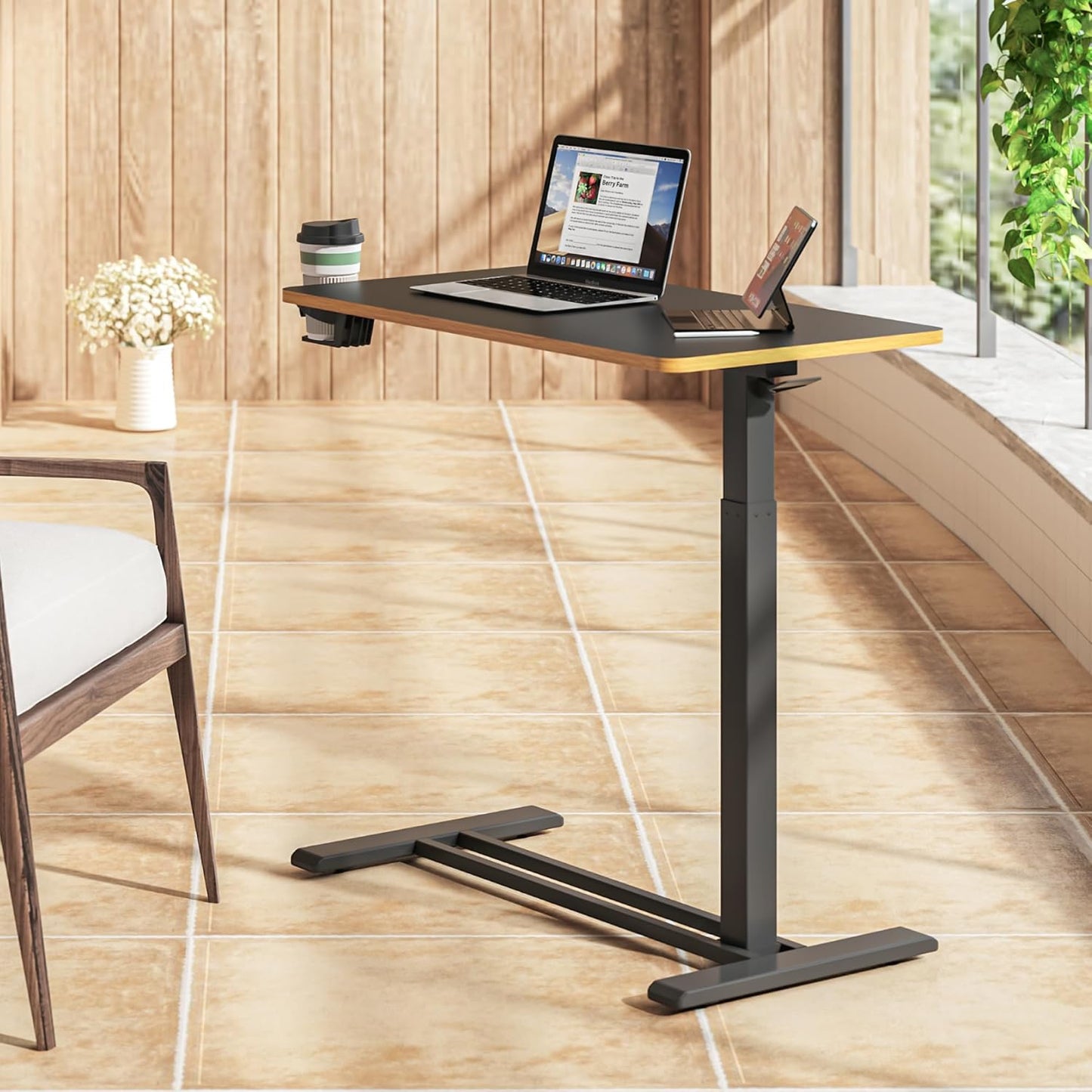 SANODESK Mobile Standing Desk with Hidden Wheels,Pneumatic Laptop Desk Rolling Computer Cart Movable Height Adjustable Small Sit Stand Desk for Home Office(31.5" W x 17.7" D, Black+Maple Band)