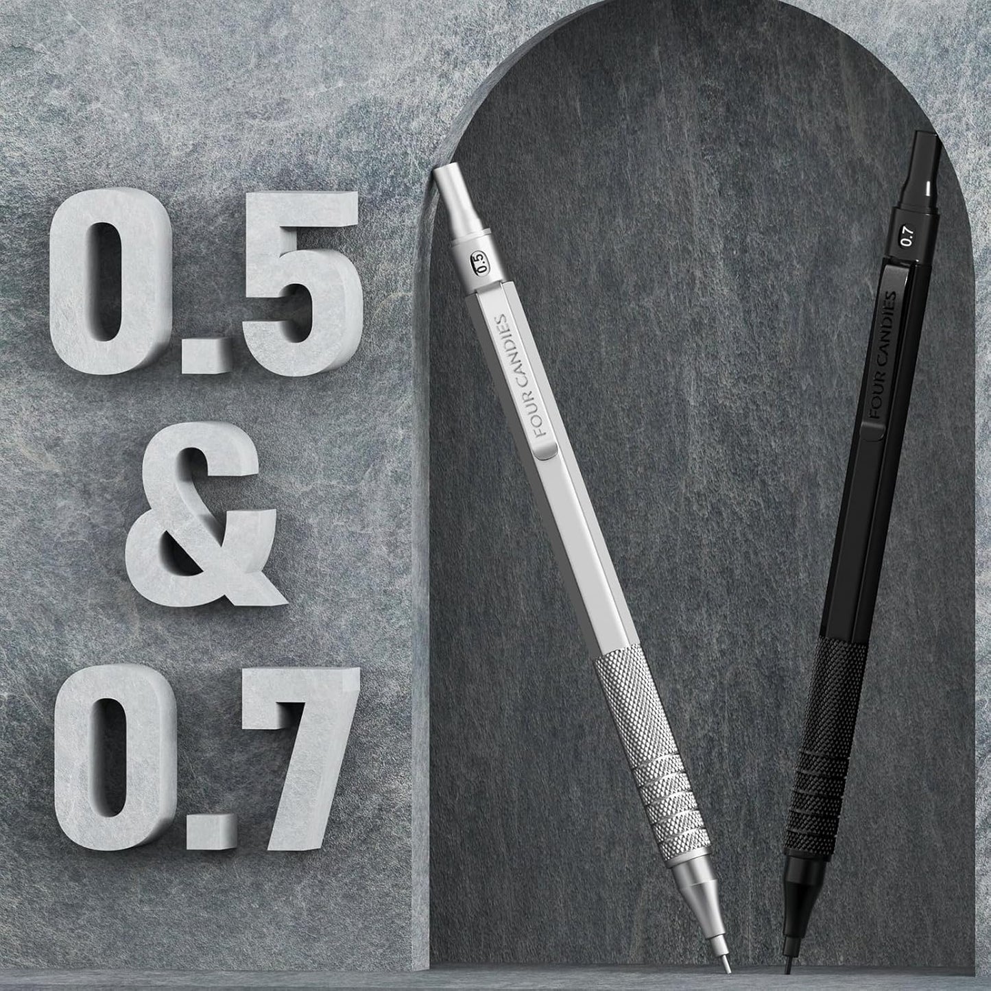 Four Candies 2PCS Metal Mechanical Pencils Set with Case, 0.5mm & 0.7 mm Artist Pencil with 6 Tubes (360PCS) HB Lead Refills, 3 Erasers,9 Eraser Refills For Writing Drafting, Drawing, Black&Silver