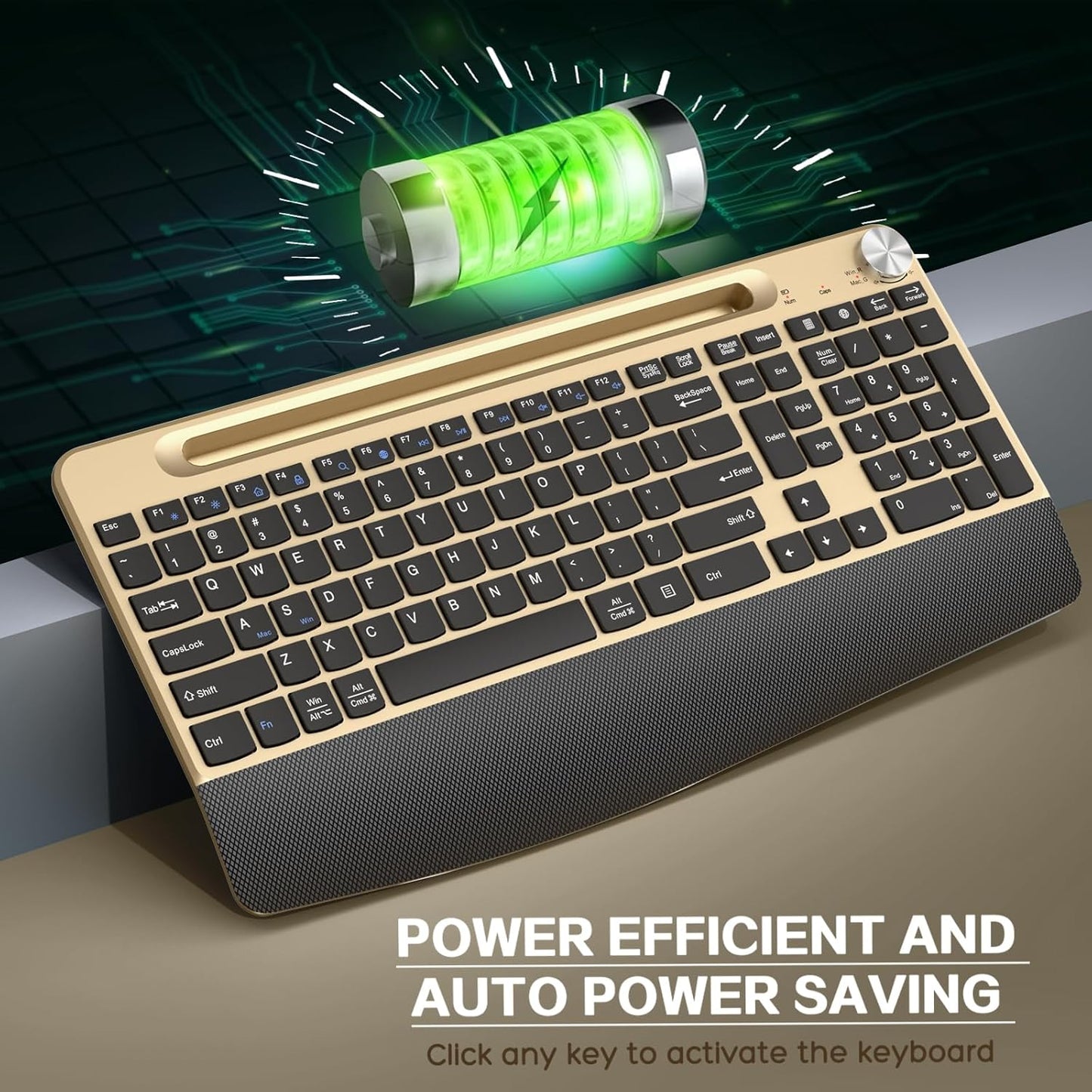 Ergonomic Wireless Keyboard and Mouse with Wrist Rest,Phone Holder - 2.4GHz Full-Sized Low-Profile Quiet Gold Wireless Mouse and Keyboard Combo for Computer, Laptop, PC, Mac-Gold