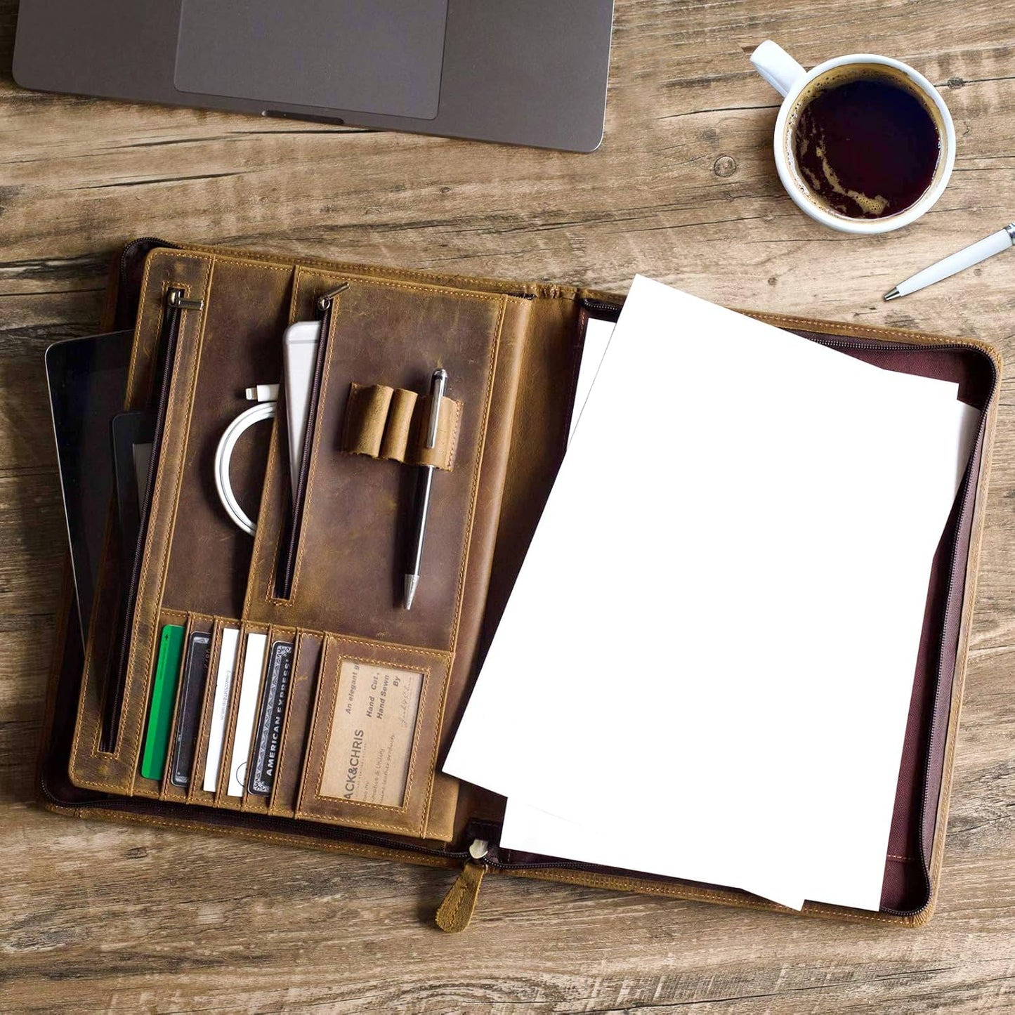 Ringsun Genuine Leather Portfolio with Zipper for Men Women, Padfolio Business Resume A4/Pad, Folder Organizer, Brown, RS01