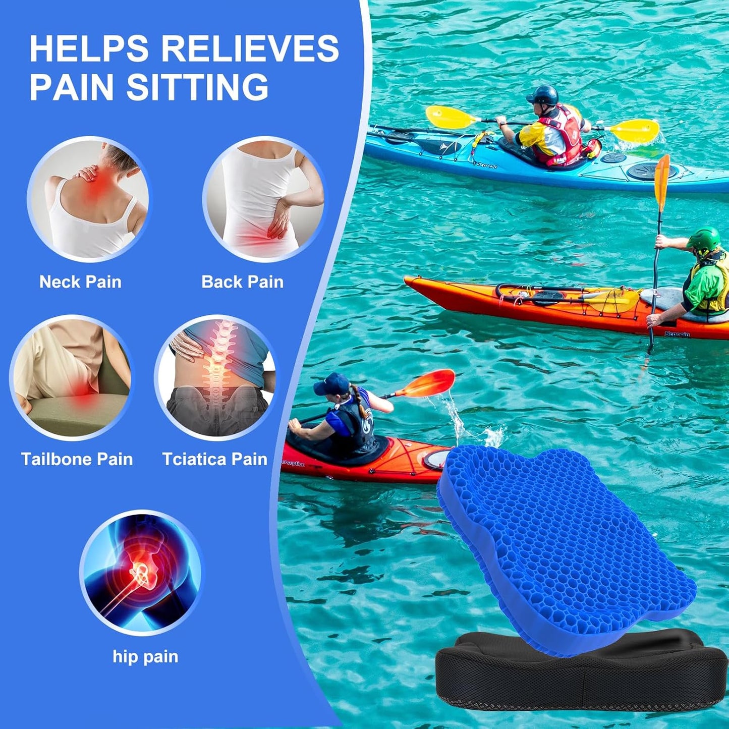 Thicken 19.7in Seat Cushion, Gel Seat Cushion for Long Sitting–Office Chair, Wheelchair, Car Pad, Large Cooling Support Pad for Back Pain, Sciatica, Tailbone Pain Relief