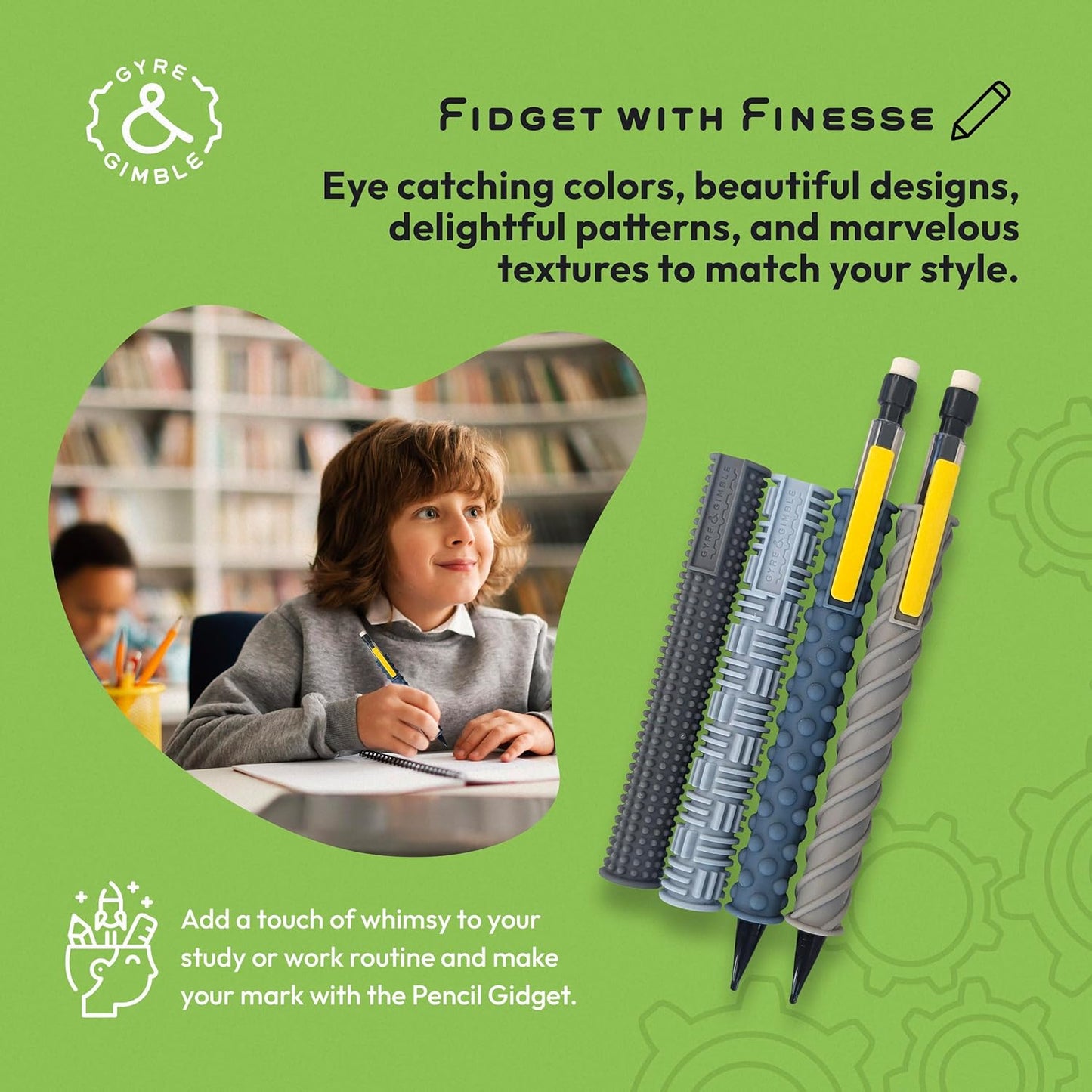 Gyre & Gimble Pencil Gidgets – Textured Silicone Pencil Sleeve for Quiet Fidgeting – Transform Your Mechanical Pencil into a Sensory ADHD Tool for Kids and Adults – 4 Sleeves & 2 Pencils - Gray