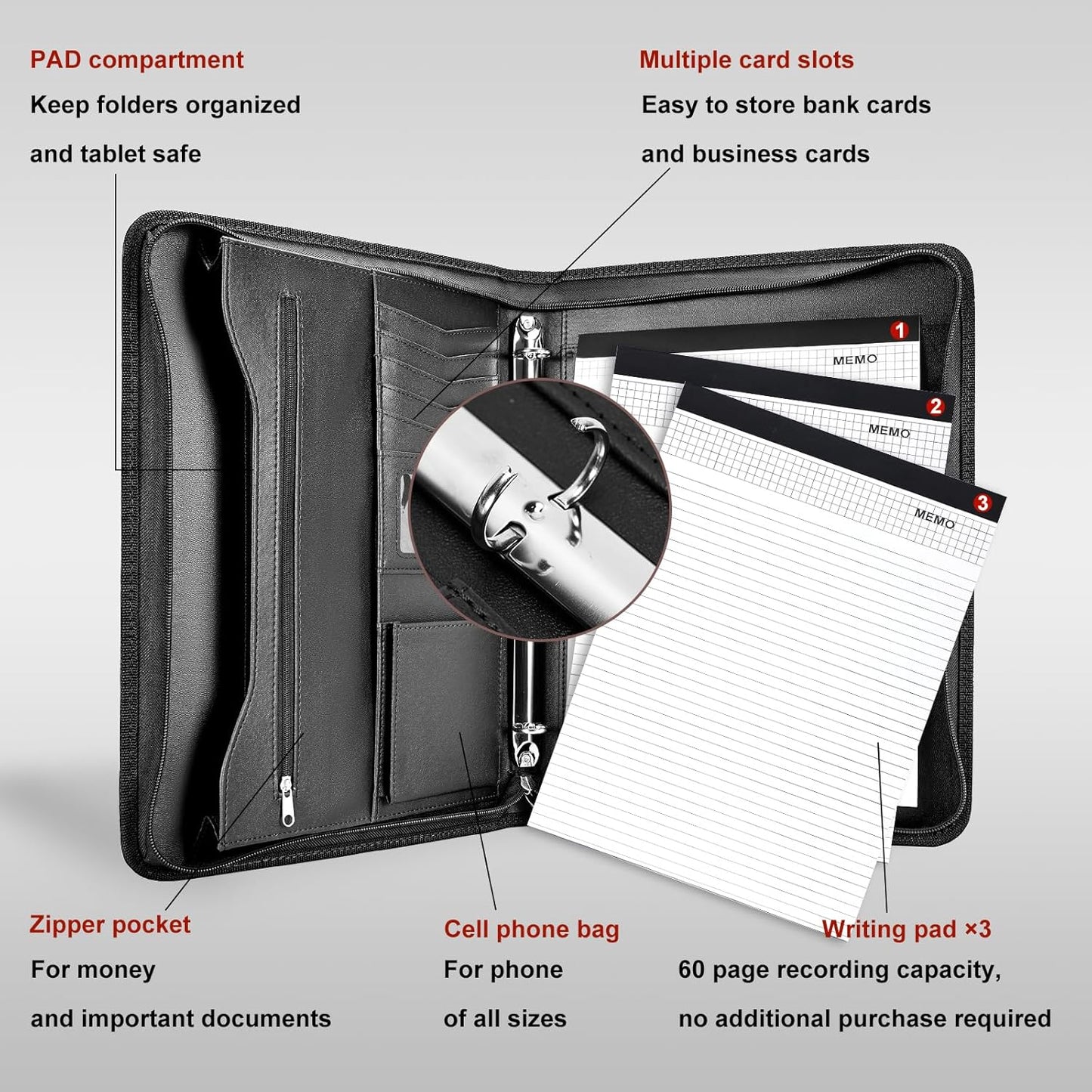 Leathario Portfolio Binder, Includes 10 Sheet Protectors and 3 Notepads, 3-Ring Folder Organizer, A4 Padfolio with Zipper, Vegan Leather Tablet Sleeve, Business Office Conference Clipboards