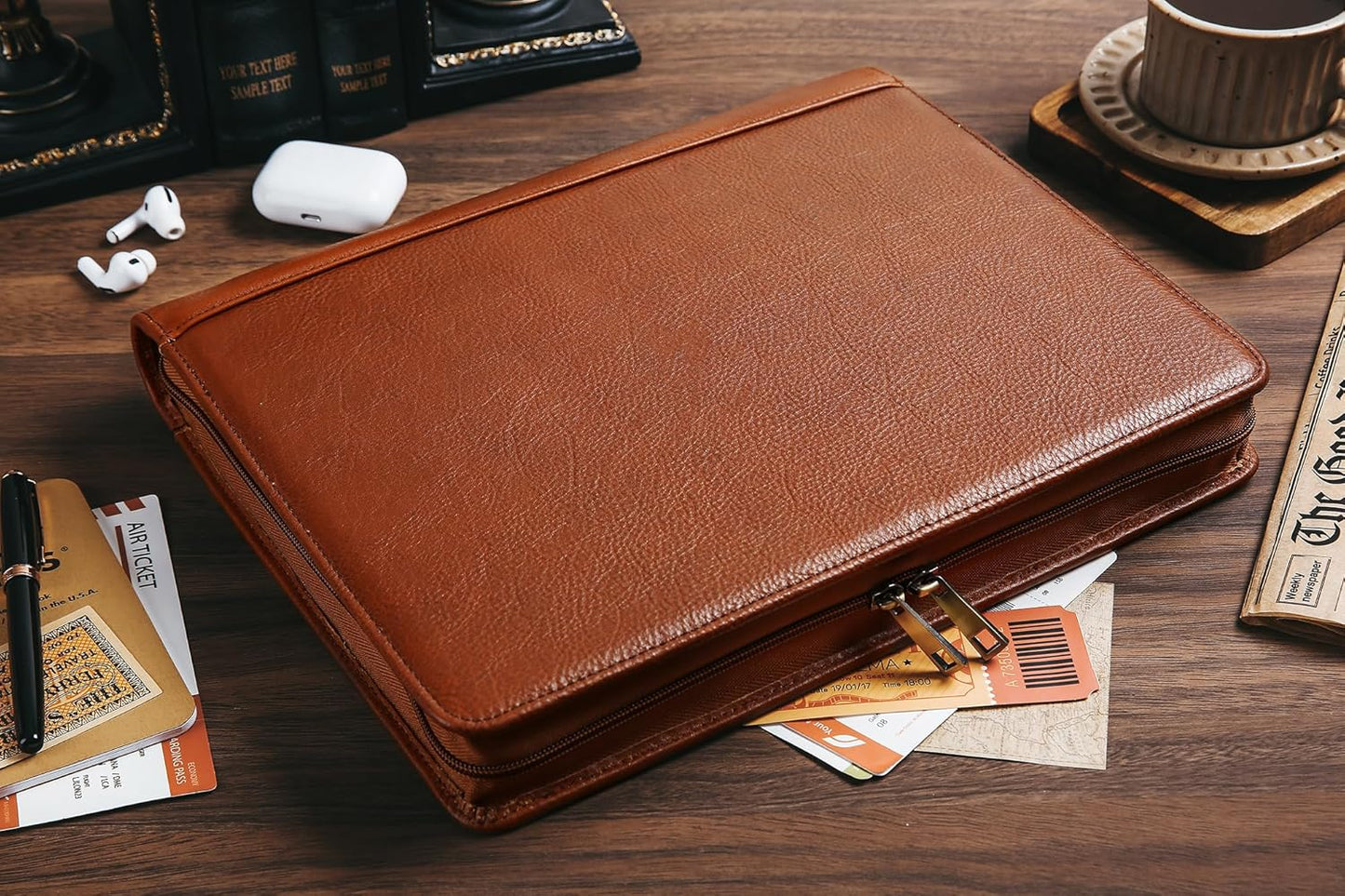 Handmade Genuine Leather Portfolio Organizer for IPad/Document, Business Padfolio with A4 Leather Notepad Holder, Leather Compact Folder Conference Portfolio for Men and Women, Oil-Brown
