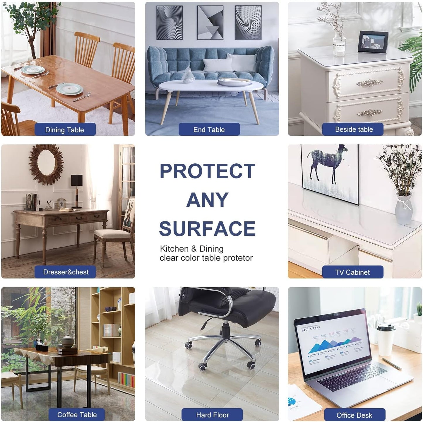 Square 20x20 inch Clear Plastic Table Protector Cover Mat Compuer PVC Clear Desk Protector Vinyl Tablecloths for Game Tabletop Glass Metal Wooden Dining Room Table Side Table Wipeable Heat Resistant