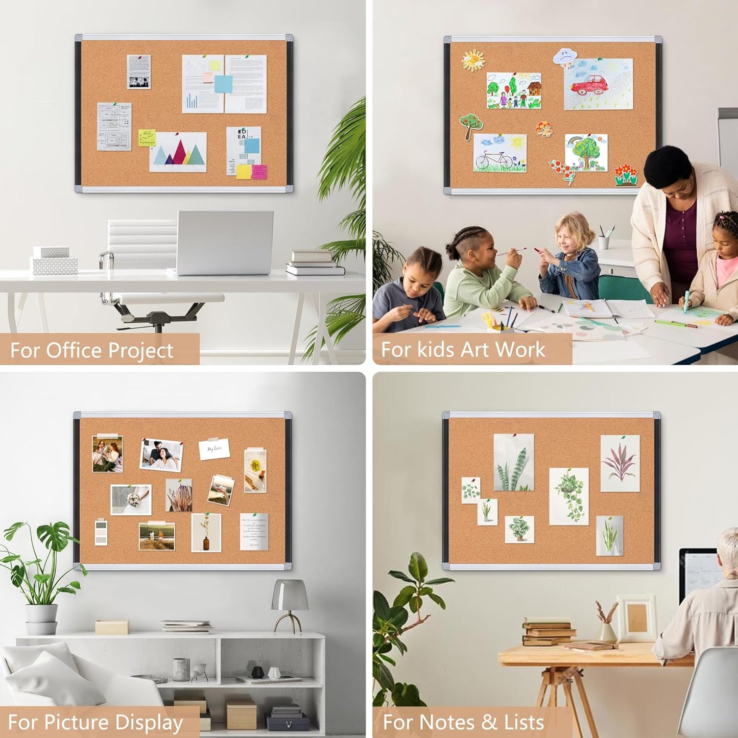 Board2by Cork Board Bulletin Board 24" x 18", Black/Sliver Aluminium Framed Corkboard, Office Board for Wall Decor, Large Wall Mounted Notice Pin Board with 18 Push Pins for School, Home & Office