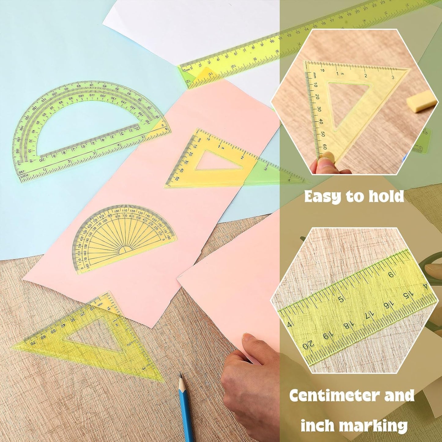 Tenare 1 Set Plastic Clear Math Set Includes Protractor Triangle Rulers 12 Inch 6 Inch Straight Geometry Math Transparent Ruler Measuring Tool for School Office Home Supplies(Yellow)