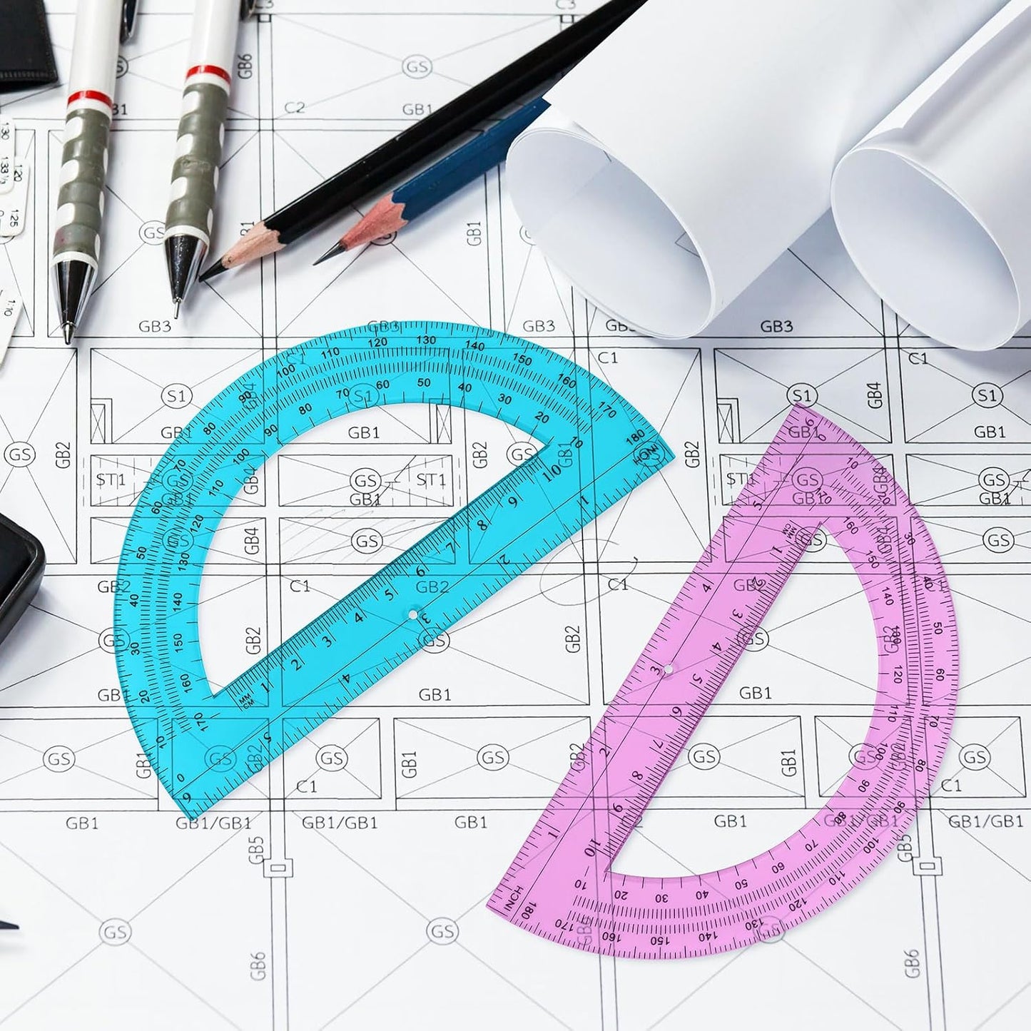 Zonon 2 Pcs 6 Inch Plastic Protractor Math Protractors 180 Degrees Angle Measurement, Translucent for Geometry Classroom Kid Student School Office Supplies(Pink, Blue)
