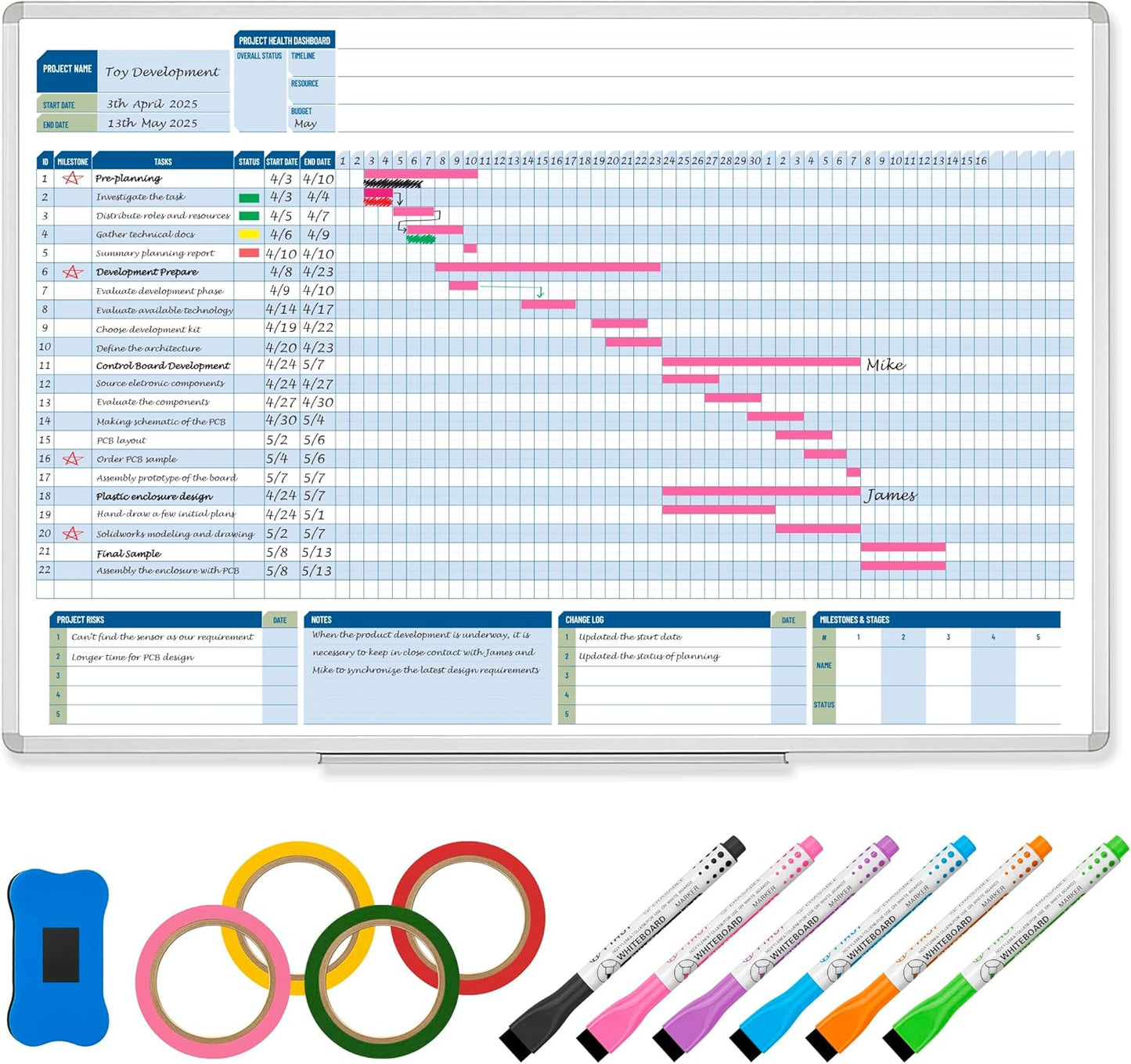 Business Gantt Chart Board – 40"x24" Professional Project Management Whiteboard with Tapes & Markers