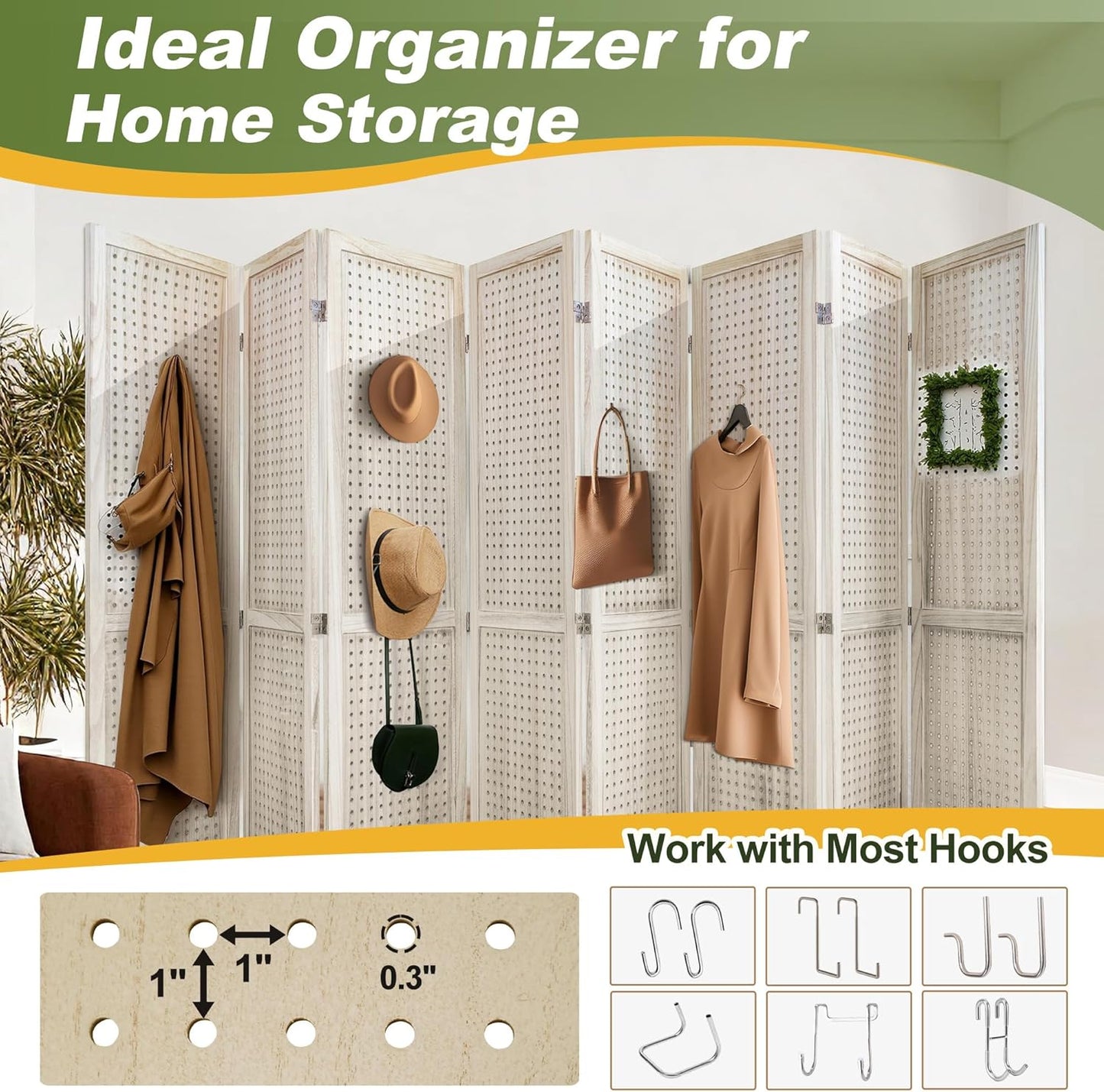 NicBex Room Divider 8 Panel Pegboard Display 5.6FT Wood PegBoard Room Dividers, Folding Privacy Screens Portable Display Board Wall Divider for Craft/Art Shows, Room Separation, Natural Wood