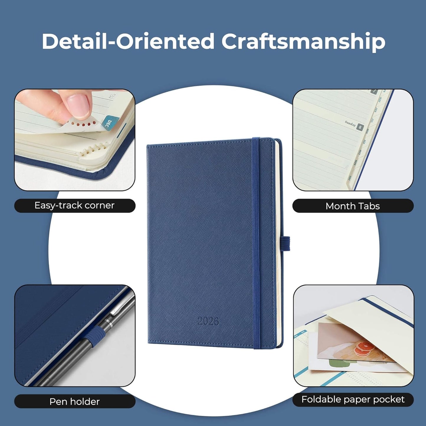 IN-LUXPRO Weekly Monthly 2026 Planner (Jan.26-Dec.26),8.5"x6.5",12 Months Agenda Plan with Month Tabs & Pocket,Expenses/Note Pages, Appointment Book Calendar with Hardcover Vegan Leather Cover,Blue