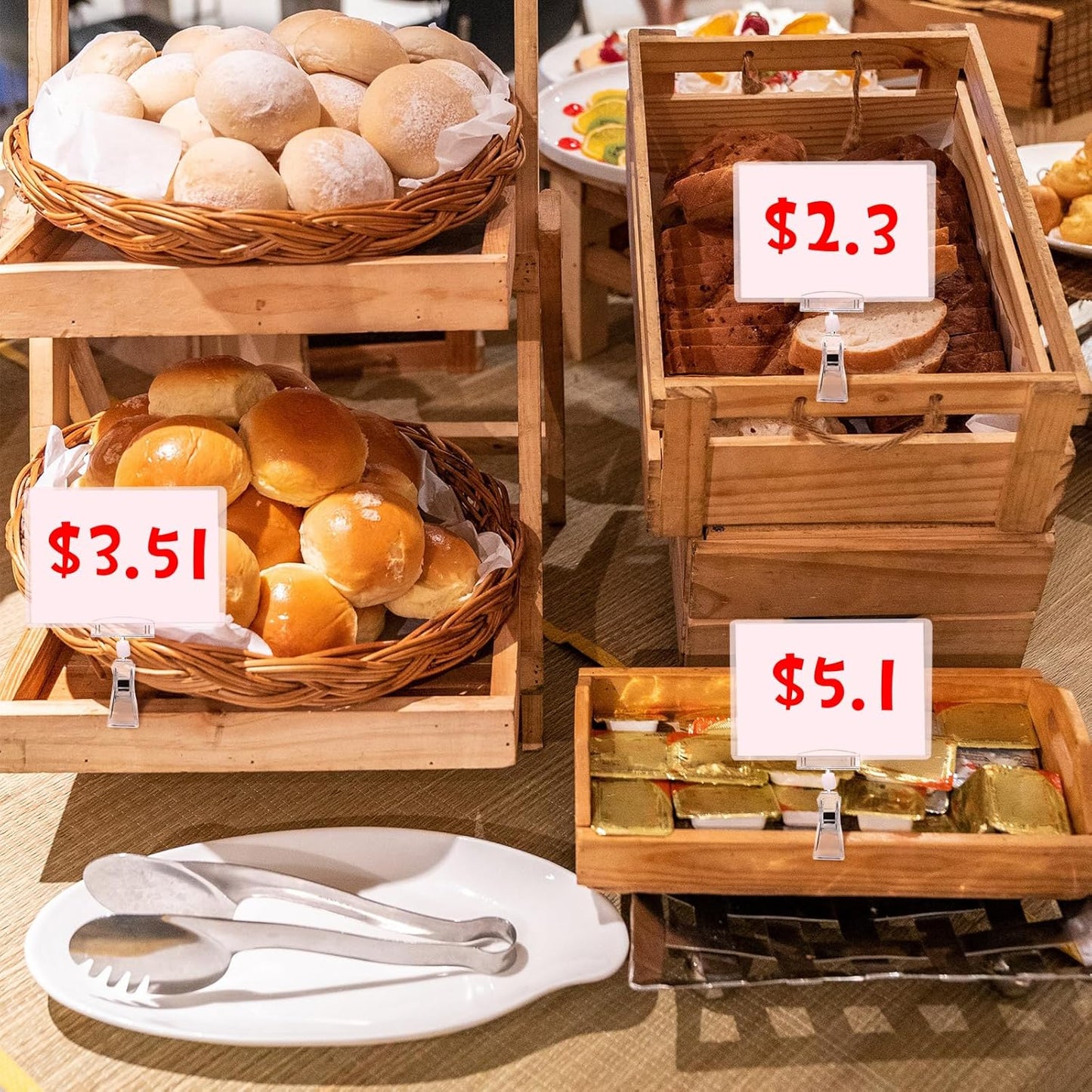 Epakh 20 Pieces Sign Clips Rotating Price Tag Clip Swivel Sign Holder for Handrails or Tubes with 20 Pieces Hard Card Sleeves PVC Card Protector for Shelves Store Supermarket(Sector Style)