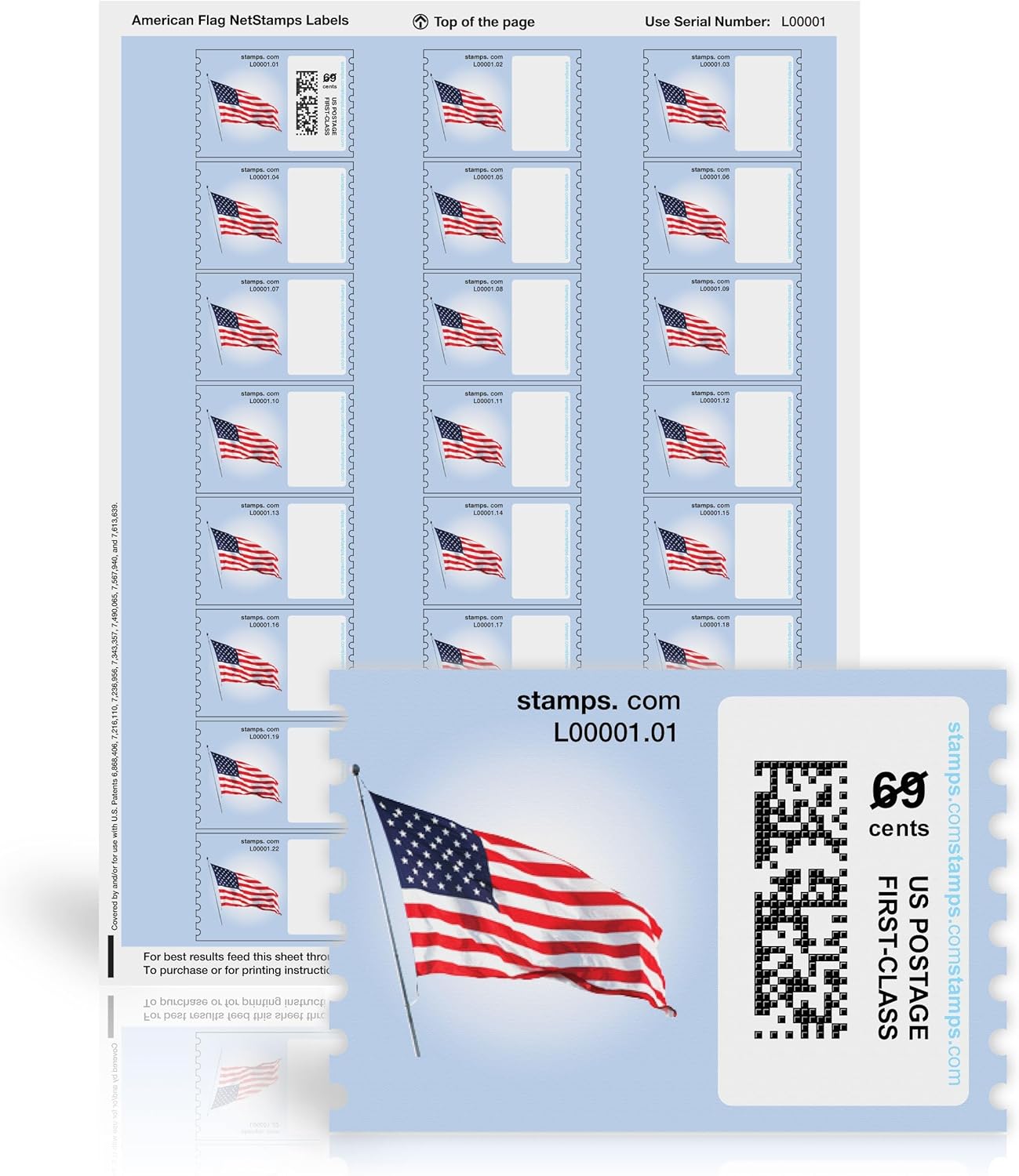 American Flag NetStamps 120-Pack (5 Sheets) Printable Postage Labels (Stamps.com Subscription Required) - Print Approved Postage - Inkjet & Laser Printers - Business, Personal, Home