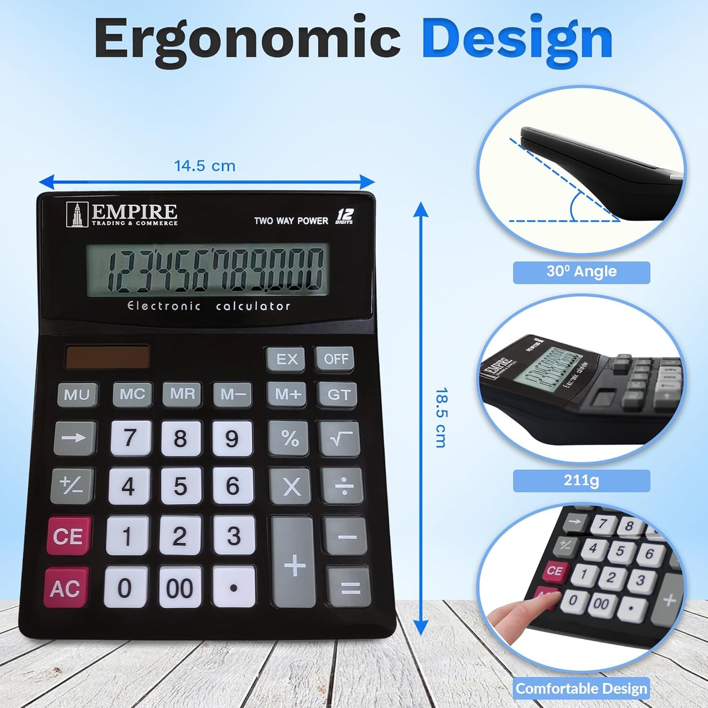 Empire Desk Calculator with Large Key Buttons, 12 Digits, Large Eye-Angled Display, Solar and Battery Powered for Home and Office (Battery Included)
