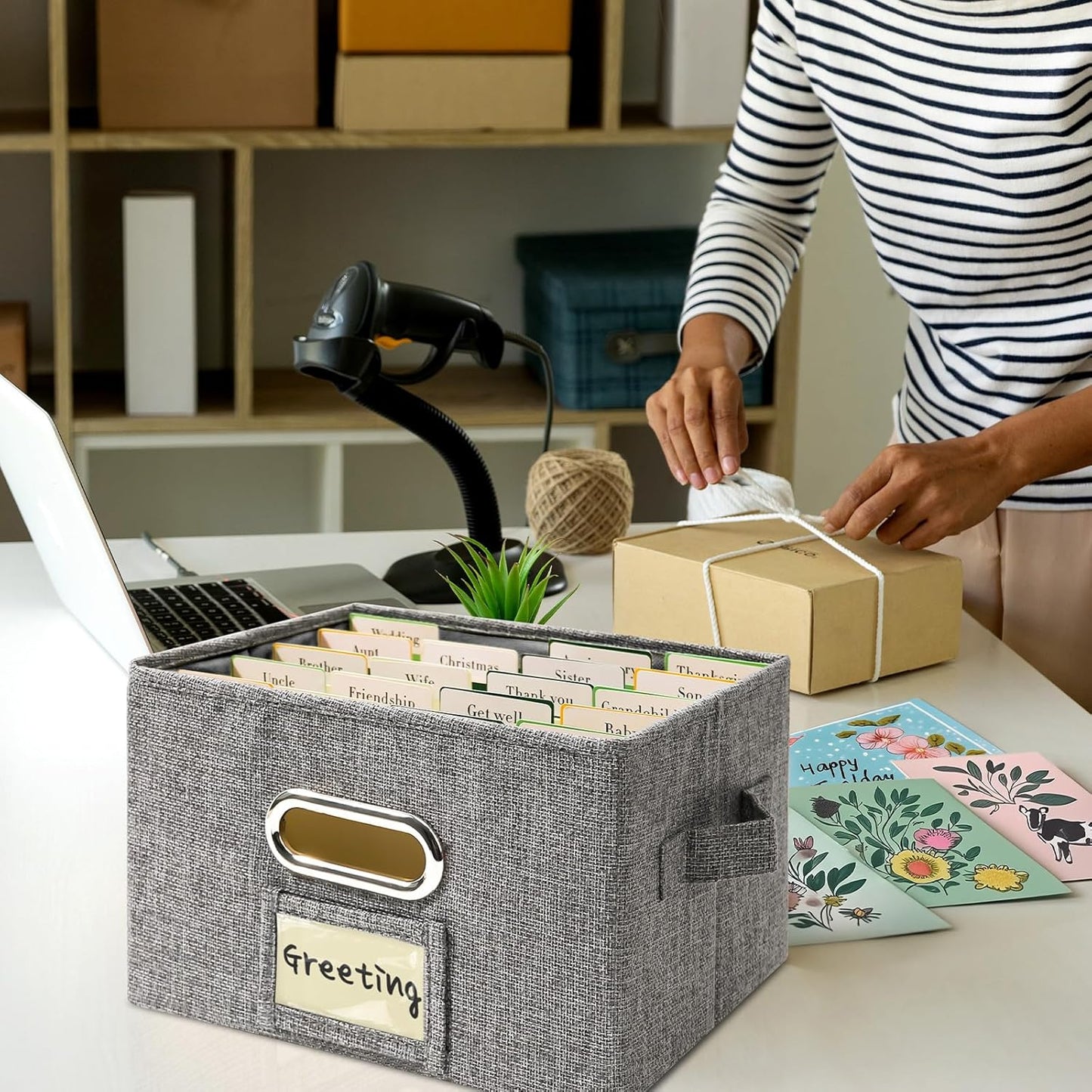 Vienrose Greeting Card Organizer 2 Pack, Storage Box with 20 Adjustable Dividers, Foldable Organizer Box Holds over 150 Cards, Storage Stickers Recipes Photos Envelopes Bills Vinyl Records, Grey