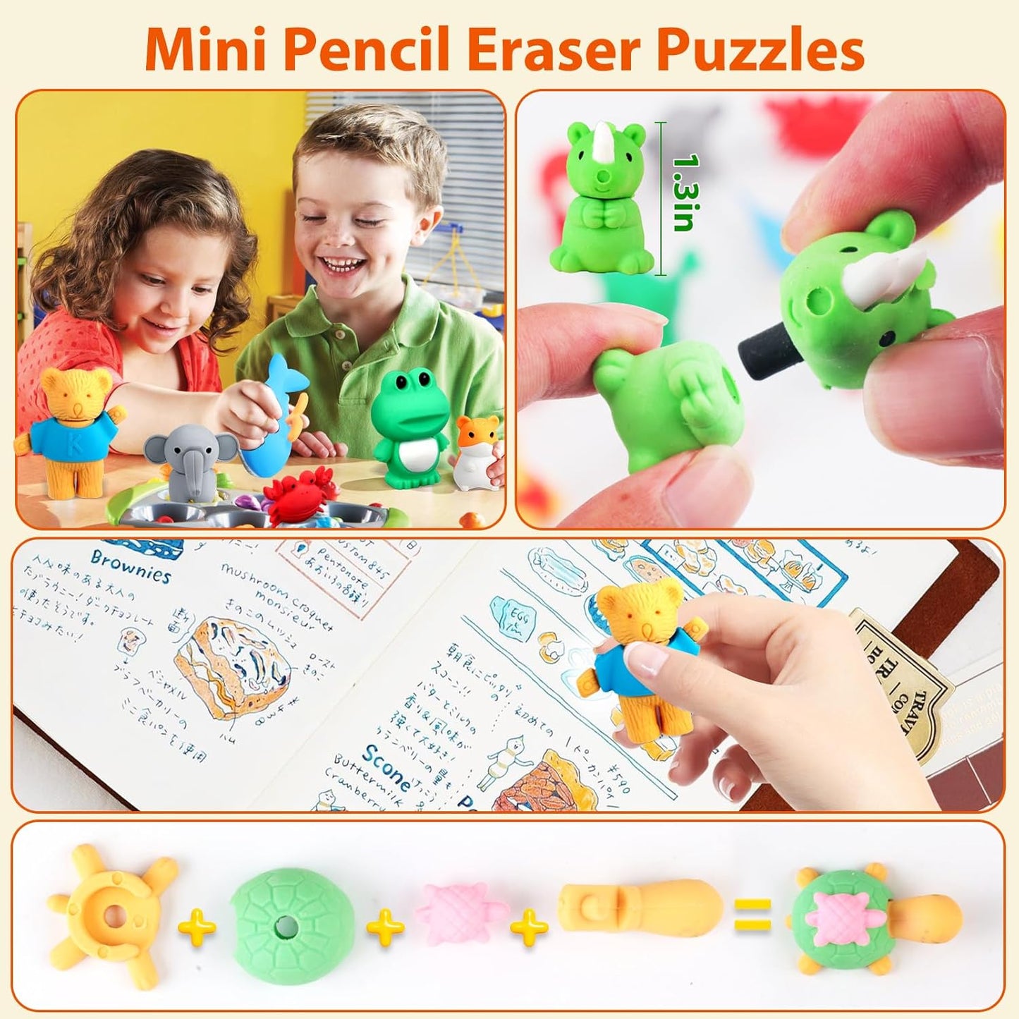 Zkptops 60Pcs Animal Erasers Kids Desk Pets Animal Pencil Erasers Puzzle Erasers Toy Mini Eraser Prize Bulk for Classroom Reward, Treasure Box, Easter Egg Filler, Party Favor, Goodie Bag Stuffer Gift