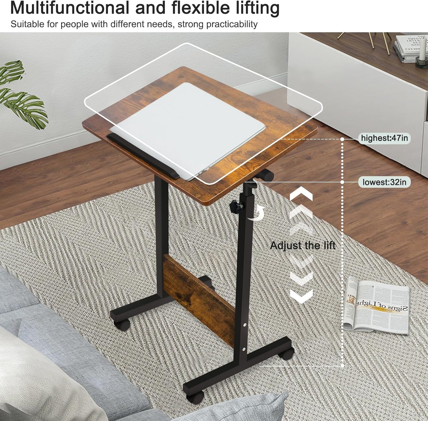 KOUPA Height Adjustable Mobile Standing Desk 16×24 in,360° Flip Desk Stand Desks Home Office Table Standing for Small Space Offices,Easy to Assemble(Adjustable Height: 32in-47in)
