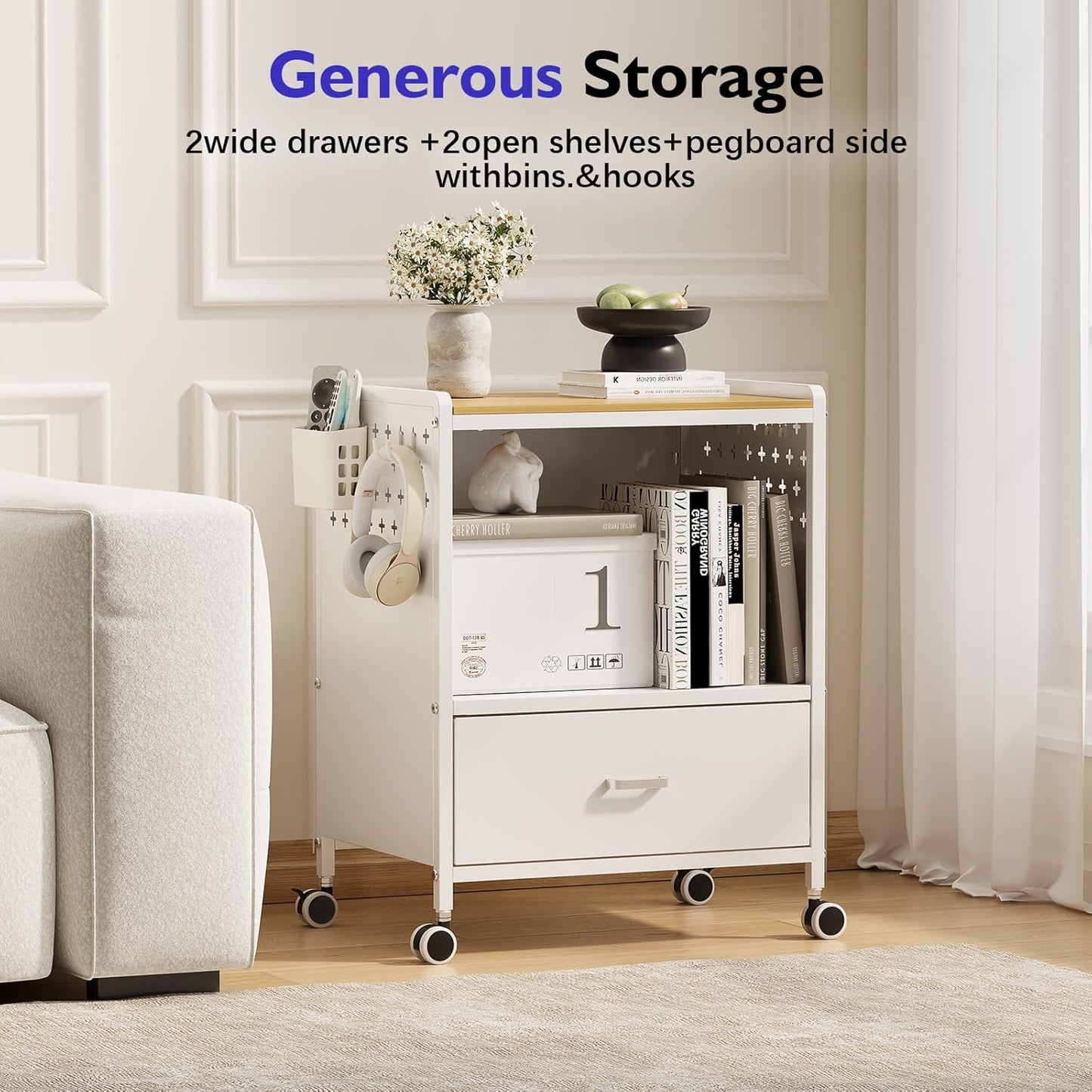 TOOLF 1-Drawer Mobile File Cabinet with Wheels, MDF Wooden Panel Printer Stand with Adjustable Shelves, 2 Storage Bins & 4 Hooks, Home Office Organization