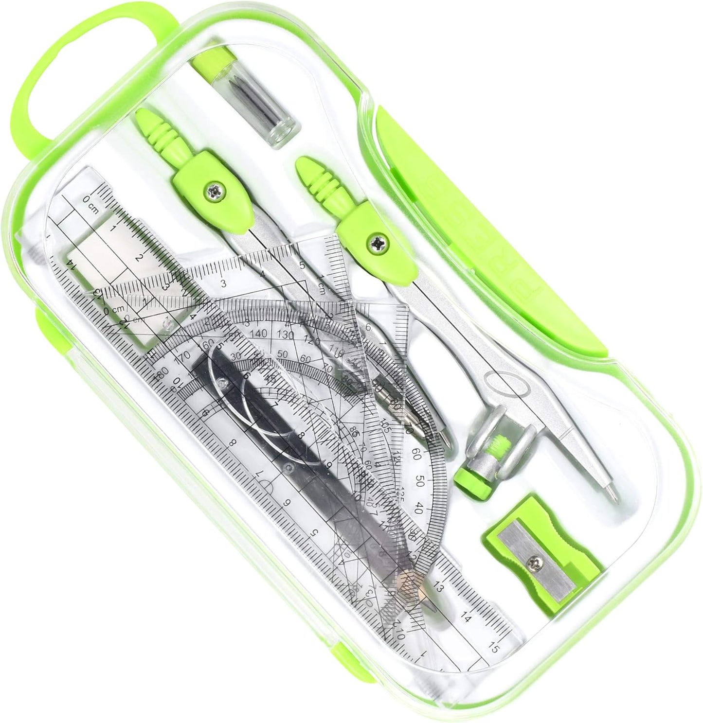 10 Pieces Math Geometry Kit Set Student Supplies with Shatterproof Storage Box,Includes Rulers,Protractor,Compass,Eraser,Pencil Sharpener,Lead Refills,Pencil,for School and Drawings(Green)