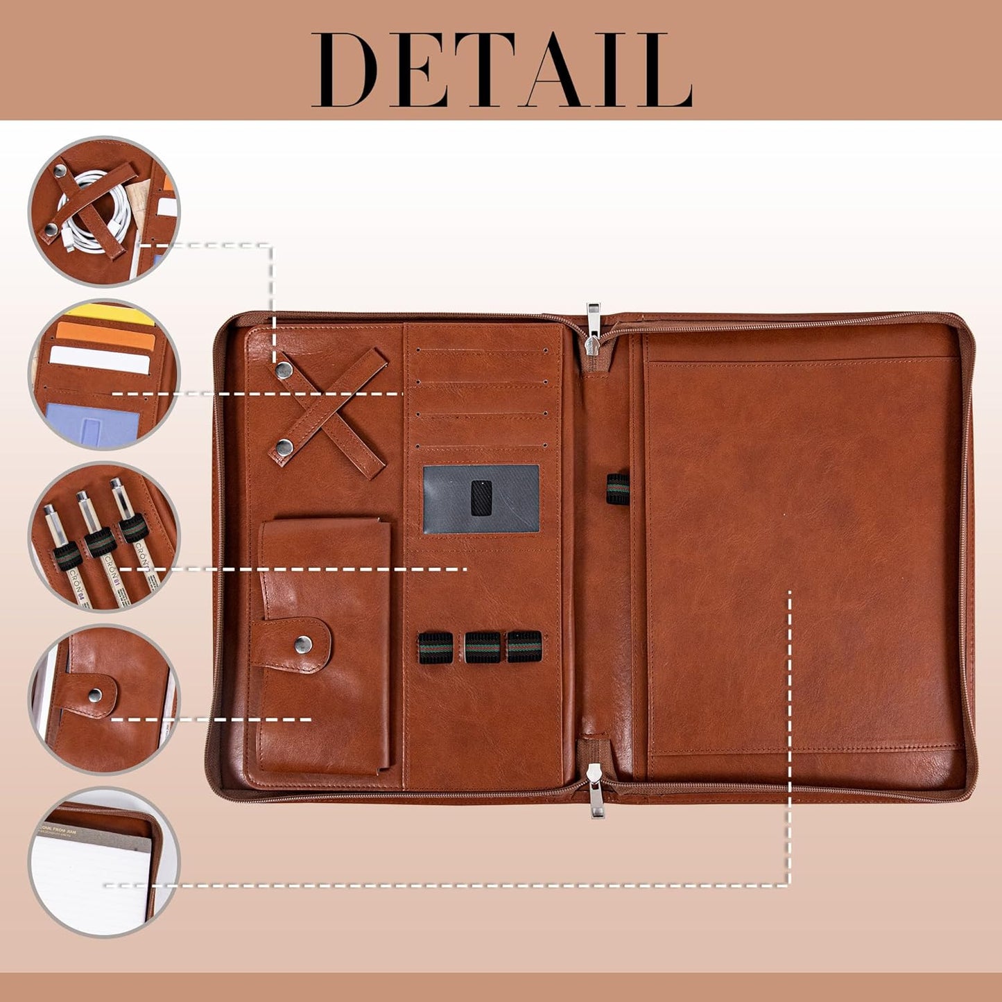 Padfolio with Zipper, Portfolio Binder, Leather Portfolio with Zipper for Men Women, Portfolio Organizer, Padfolio Business Resume A4/Pad (Custom Brown)