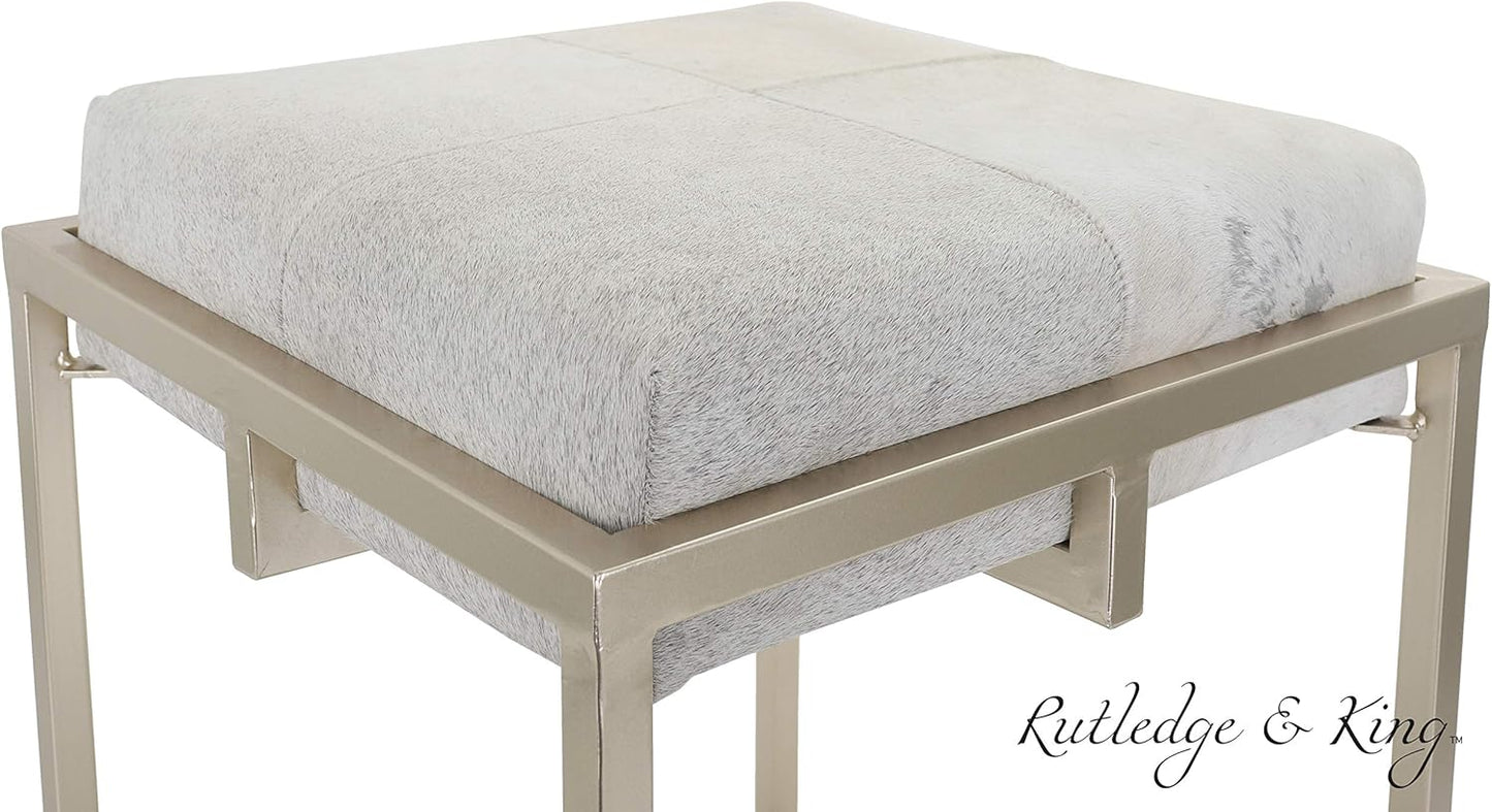 Rutledge & King Cowhide Ottoman/Vanity Stool - Square Ottoman Stool - White Ottoman/Grey Ottoman Foot Rest - Cowhide Grey & White Stool - Gold Stool - Cow Ottoman - Cow Fur Stool (Gold)