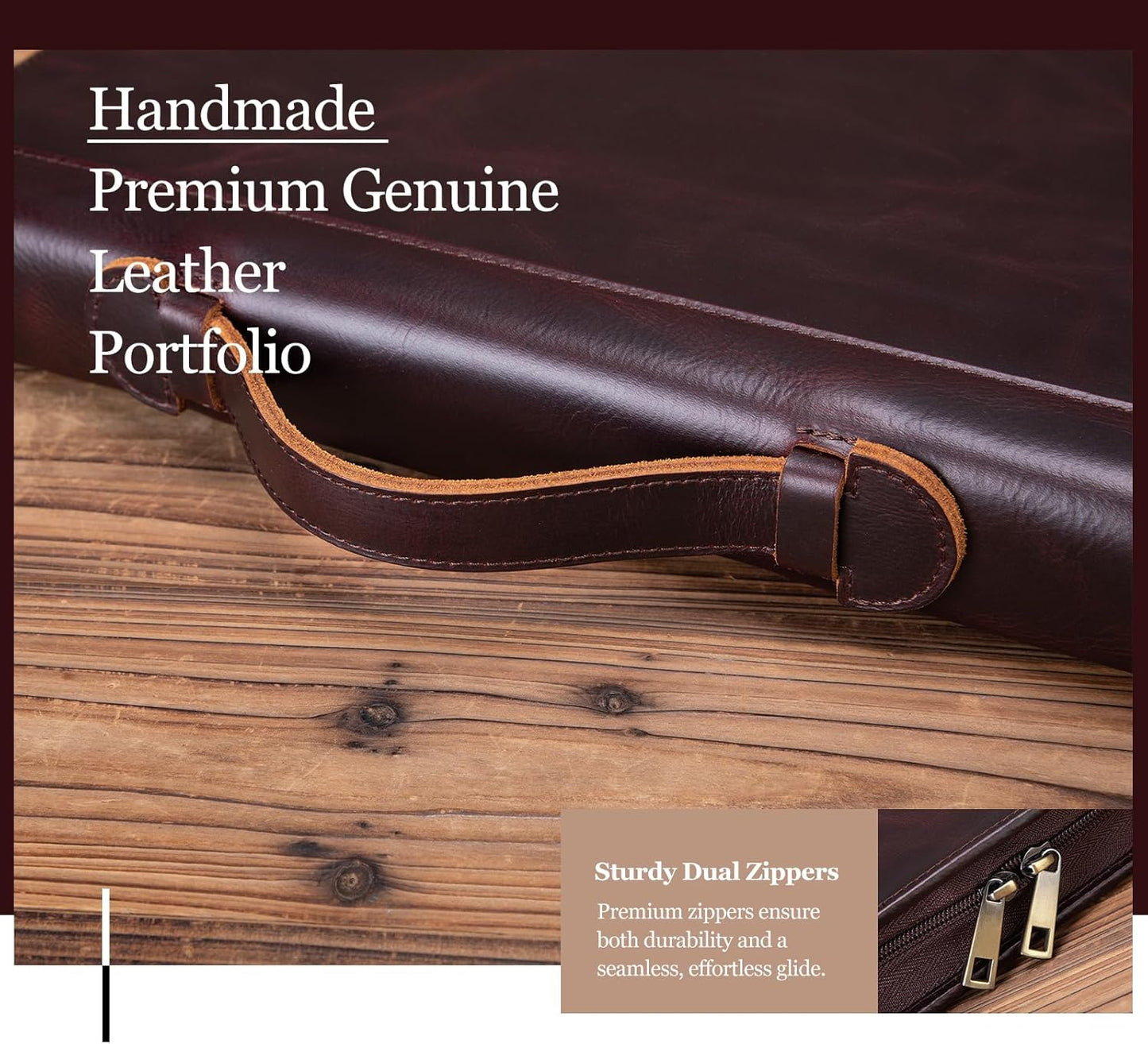 Genuine Leather Portfolio 3 Ring Binder with Clipboard, Hidden Handle, 8.5 x 11 Zippered Padfolio, Business Organizer Professional Executive Folio for Men and Women, Dark Brown, Oil Tanned