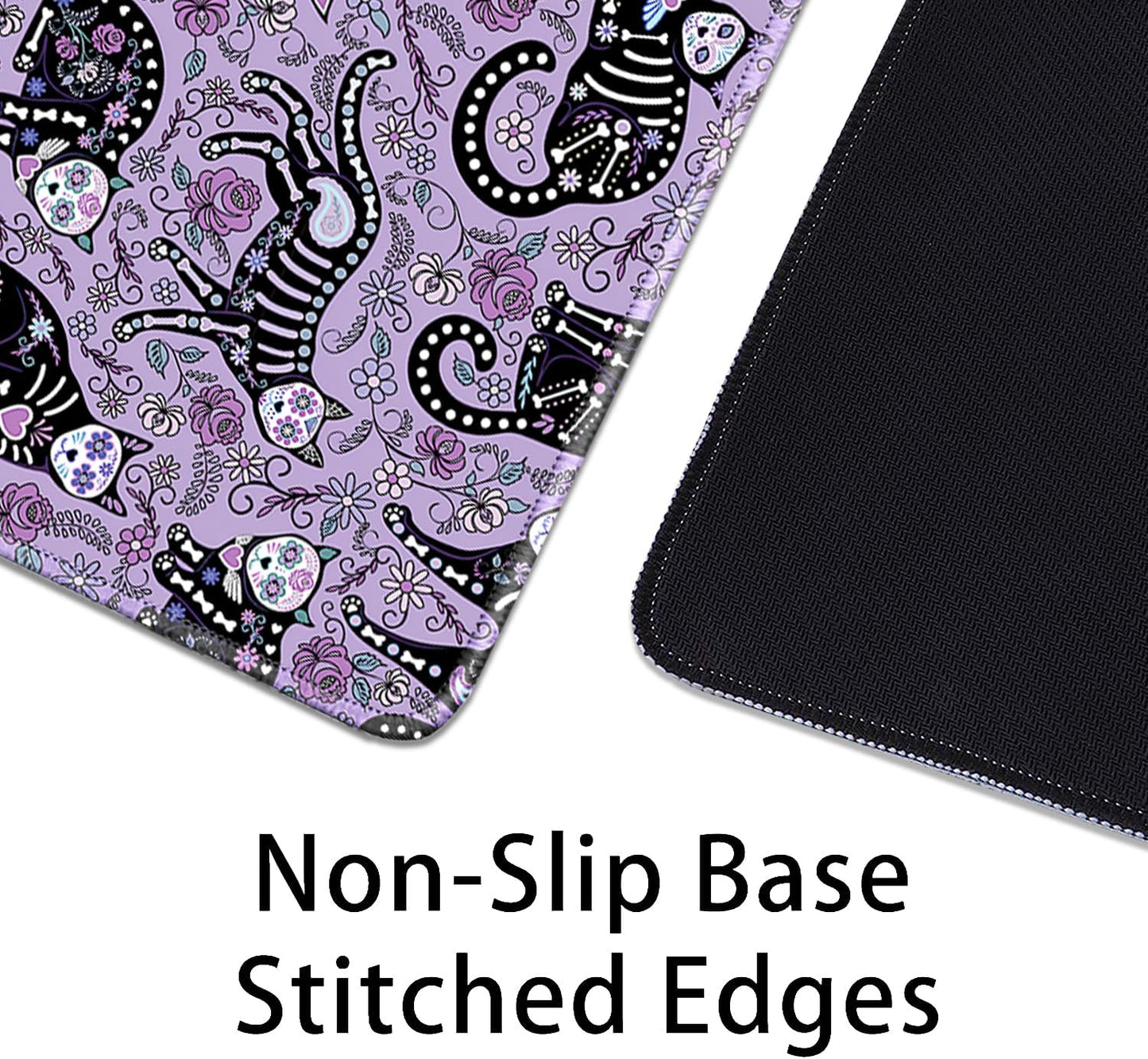 Gothic Cat Skeleton Flowers Mouse Pad,Extended Cat and Floral Mousepad Desk Pad with Stitched Edges,Non-Slip Waterproof Rubber Base Mouse Mat for Office Computer Keyboard Laptop Home(27.5x11.8 in)