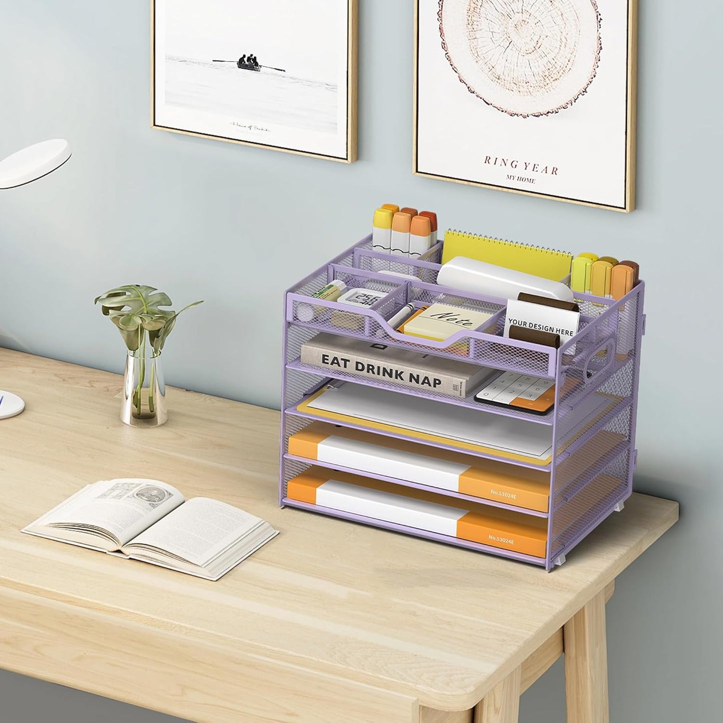 5 Tier Paper Letter Tray with 3 Drop-in Pen Holders, Mesh Desk File Organizer with Handle, Desk Organizers and Accessories for School,Home, Office Supplies Storage-Purple