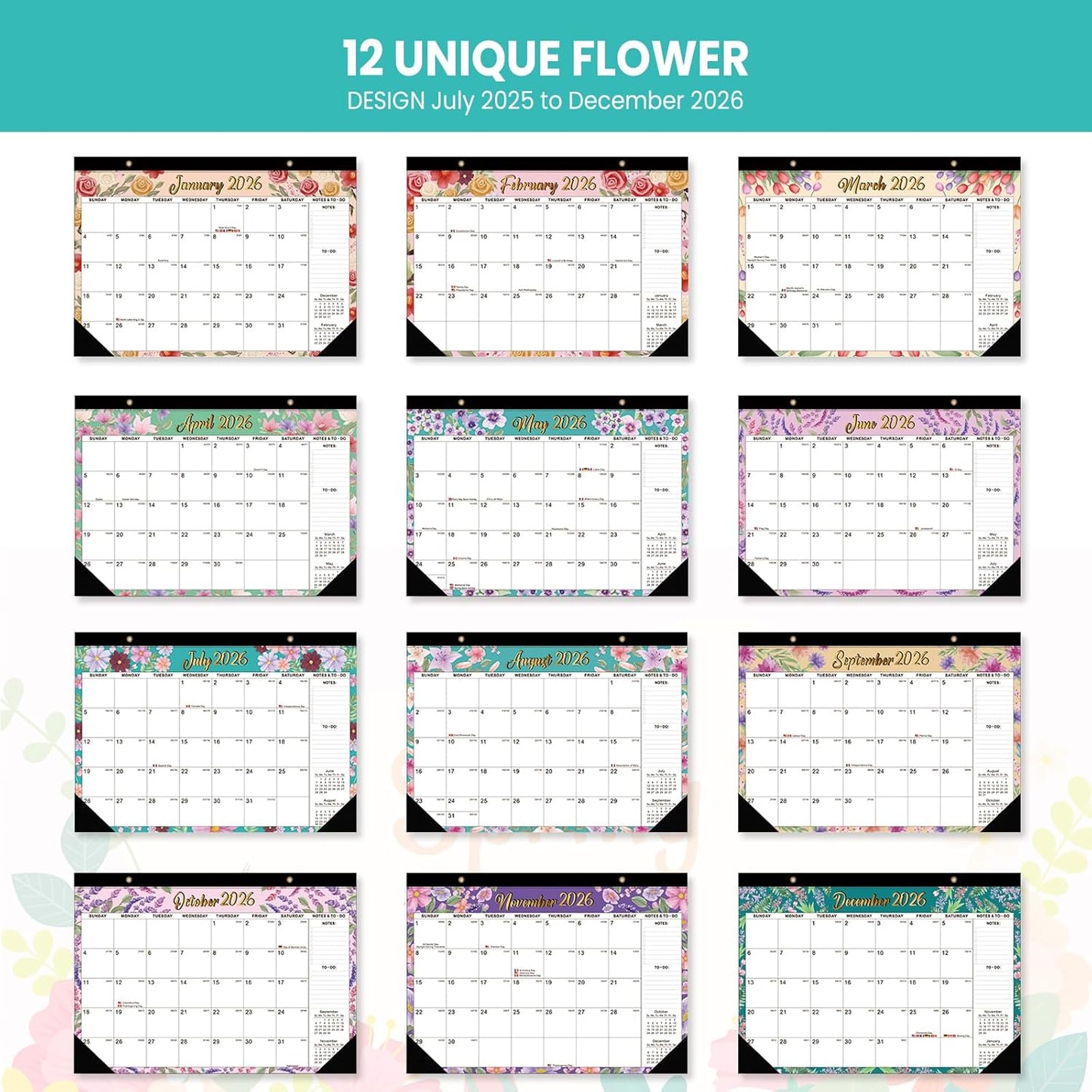 Comix 2025-2026 Floral Desk Calendar - 18 Month Desk Calendar (July 2025–Dec 2026) | 17"x12" Thick Paper with Classic Design for Office & Home