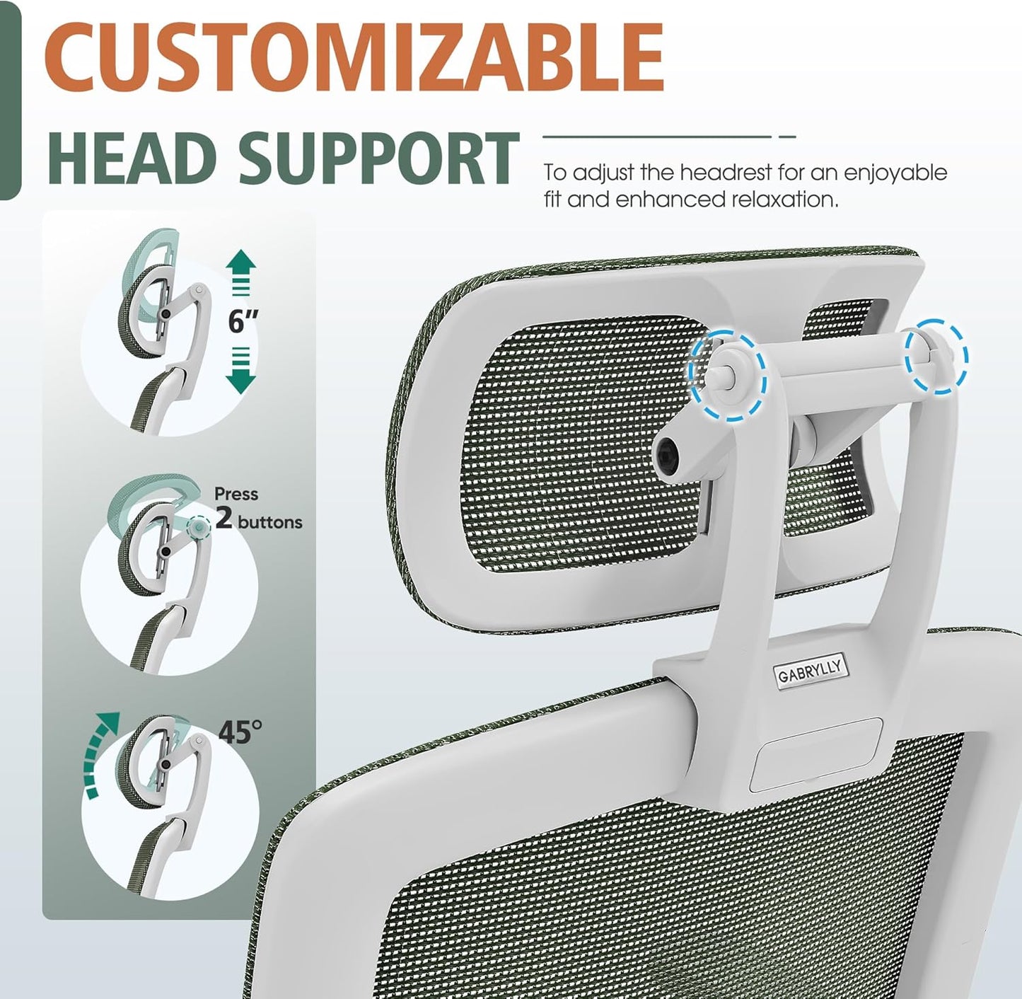 GABRYLLY Ergonomic Office Chair, High Back Home Desk Chair with Headrest, Flip-Up Arms, 90-120° Tilt Lock and Wide Cushion, 400LBS Mesh Chairs for Man Woman, White Task Chair(Olive Green,GY01WOG)